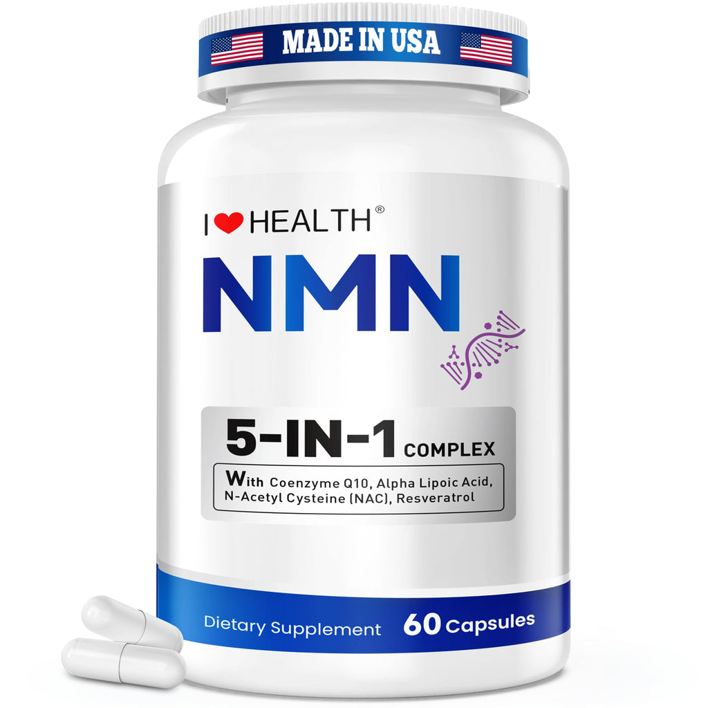 I LOVE HEALTH NMN Supplement, 5-in-1 Complex with NAC, Alpha Lipoic Acid, CoQ10 & Resveratrol - High Absorption Anti Aging Formula - Third Party Tested, cGMP, Gluten Free - 60 Capsules I LOVE HEALTH Au supplements