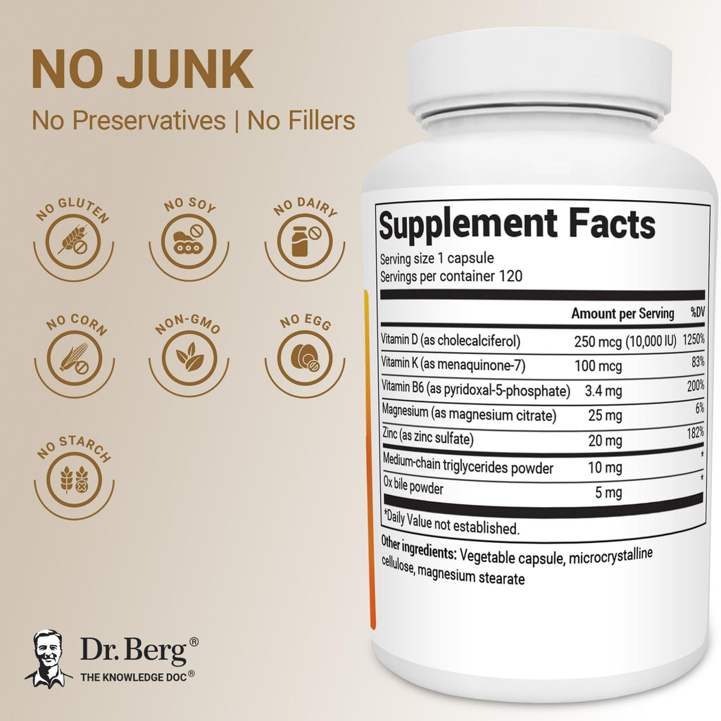 Dr. Berg Maximum Strength 2-in-1 Vitamin D3 K2 10,000 IU | Naturally Derived D3 | 4X Lab-Tested & Verified | High Absorption Formula