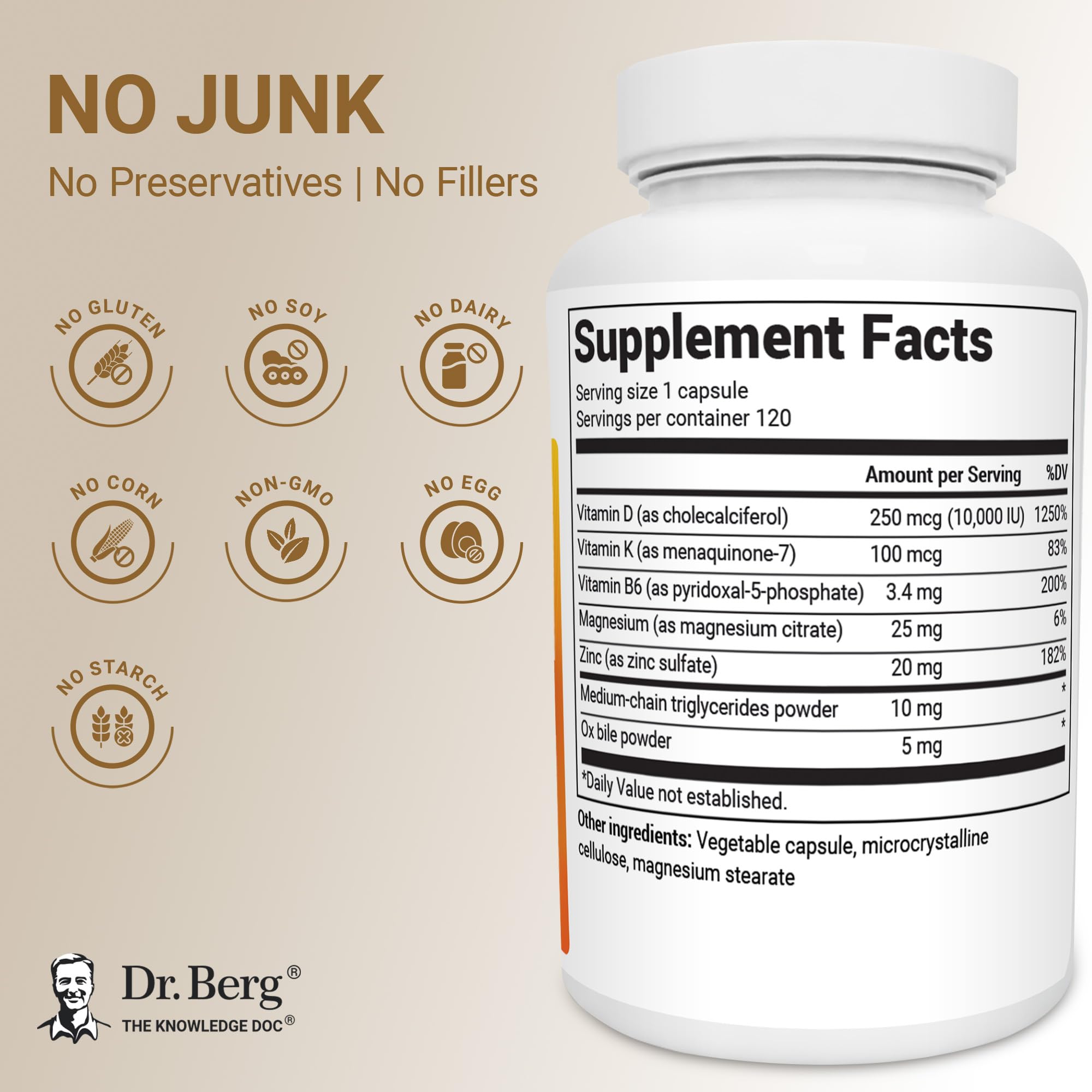 Dr. Berg Maximum Strength 2-in-1 Vitamin D3 K2 10,000 IU | Naturally Derived D3 | 4X Lab-Tested & Verified | High Absorption Formula