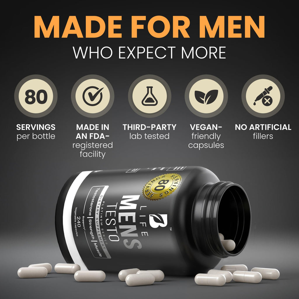 Testosterone Booster Supplement for Men | Boron supplement for men with Tribulus Terrestris, Black Maca, Horny Goat Weed, L-Arginine | Stamina, Endurance, Muscle growth & strength | 80 Servings B Life Company Au supplements