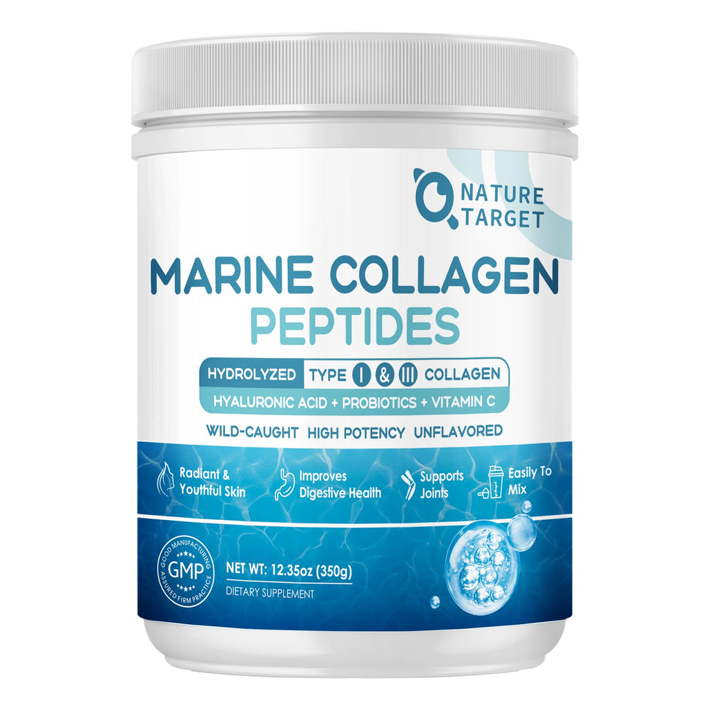 NATURE TARGET Marine Collagen Peptides Powder - Type I & III Collagen with Probiotics, Vitamin C & Hyaluronic Acid for Skin, Hair, Nails