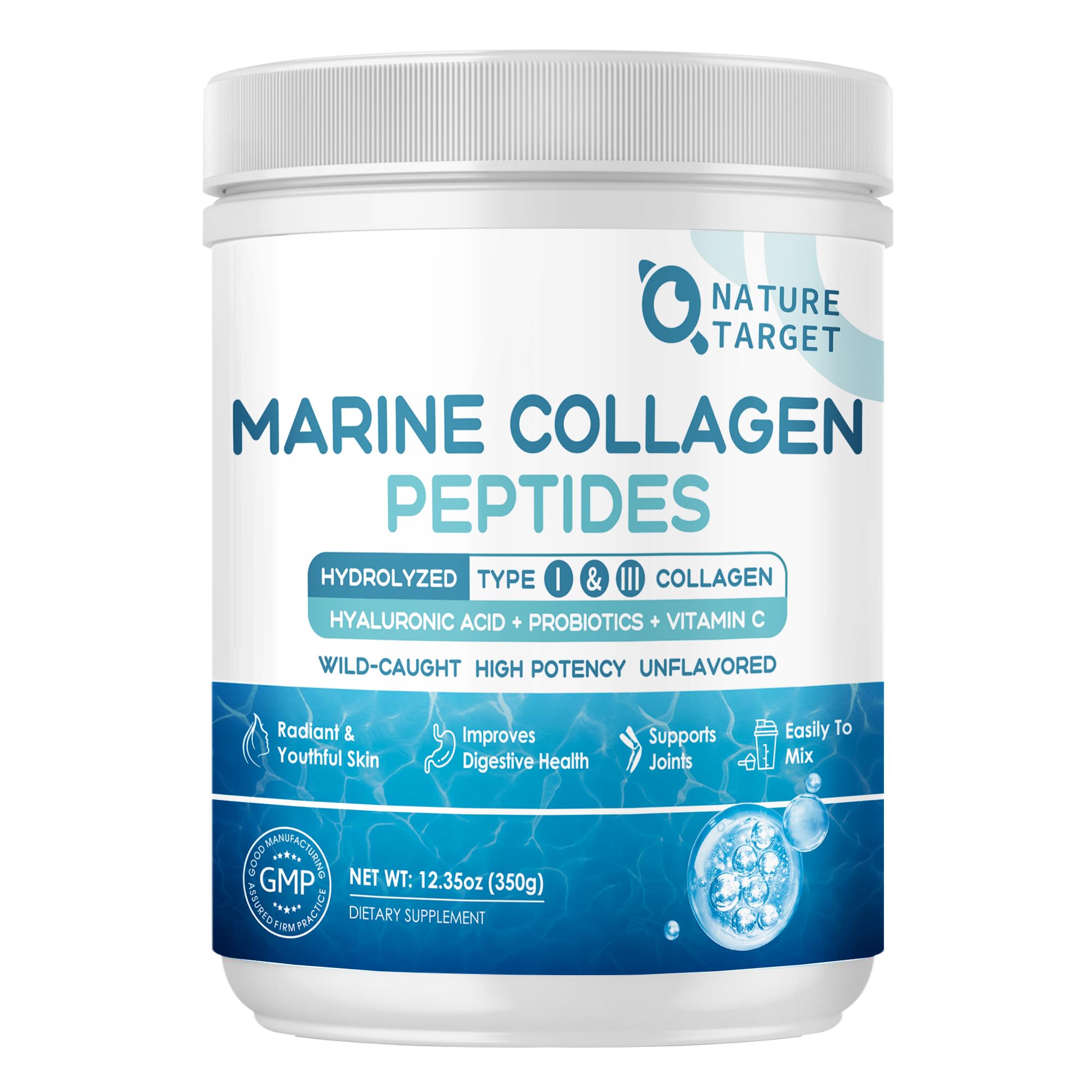 NATURE TARGET Marine Collagen Peptides Powder - Type I & III Collagen with Probiotics, Vitamin C & Hyaluronic Acid for Skin, Hair, Nails