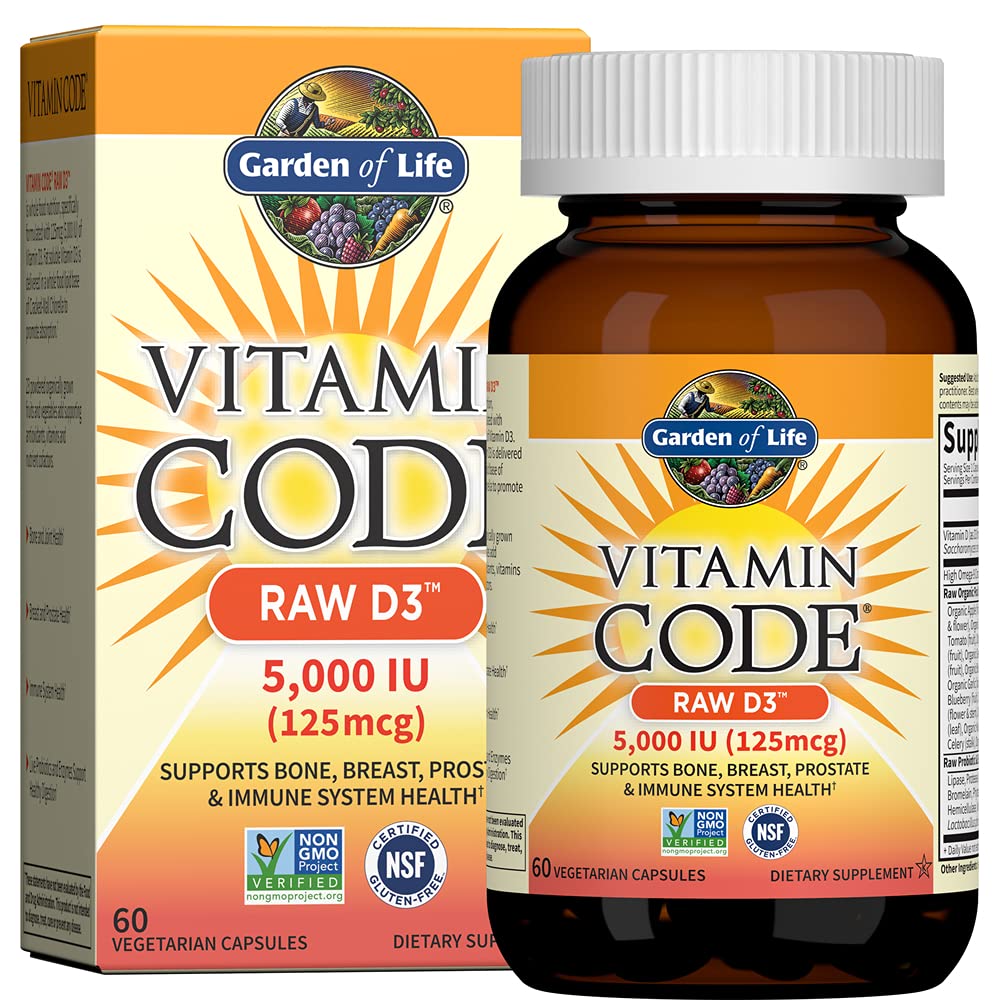 Garden of Life Vitamin D3 5000 IU, Raw Whole Food Supplements with Chlorella, Fruit, Veggies & Probiotics for Bone & Immune Health