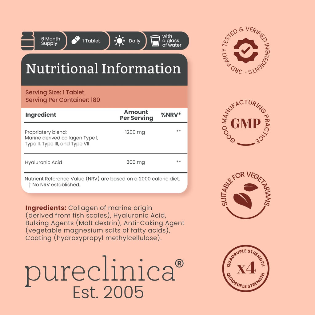 pureclinica 1500mg UltraColl Collagen (1200mg) and Hyaluronic Acid (300mg) x 180 Tablets - 6 Months Supply