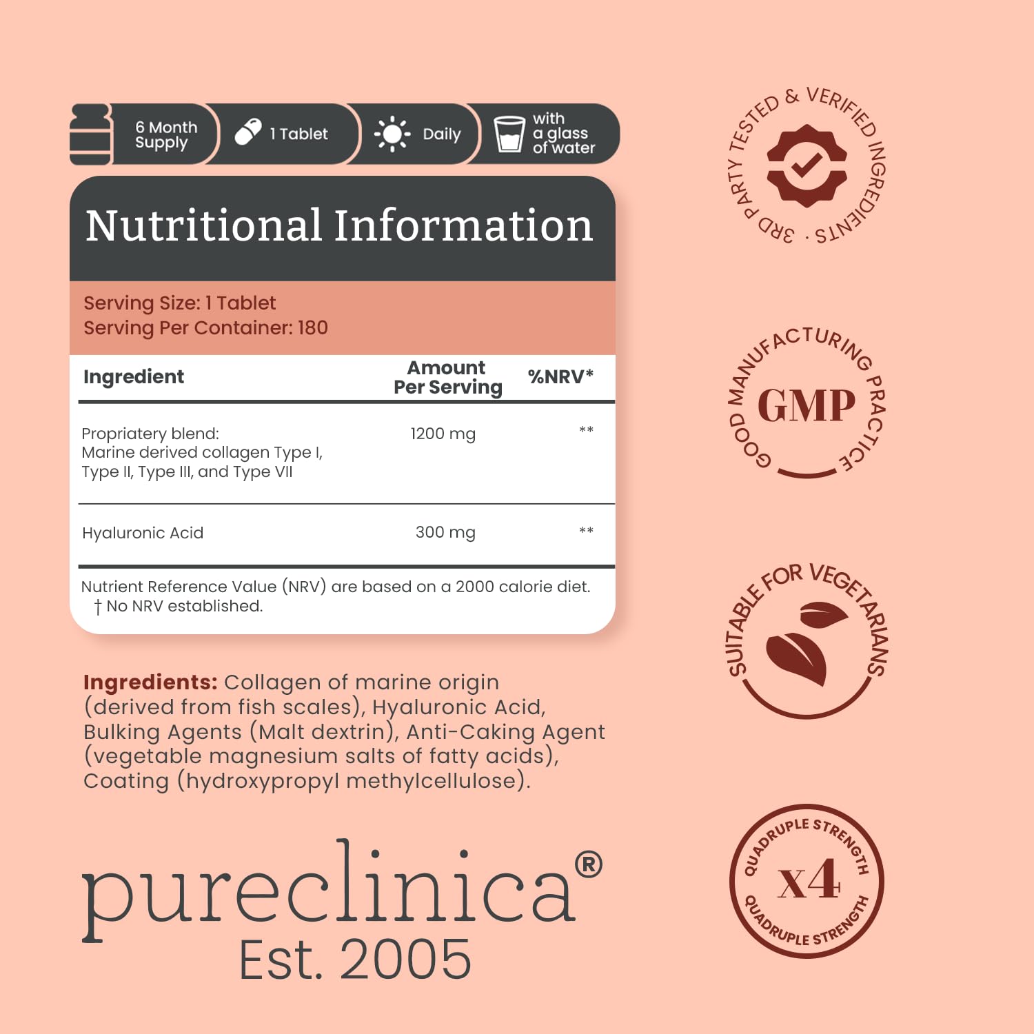 pureclinica 1500mg UltraColl Collagen (1200mg) and Hyaluronic Acid (300mg) x 180 Tablets - 6 Months Supply