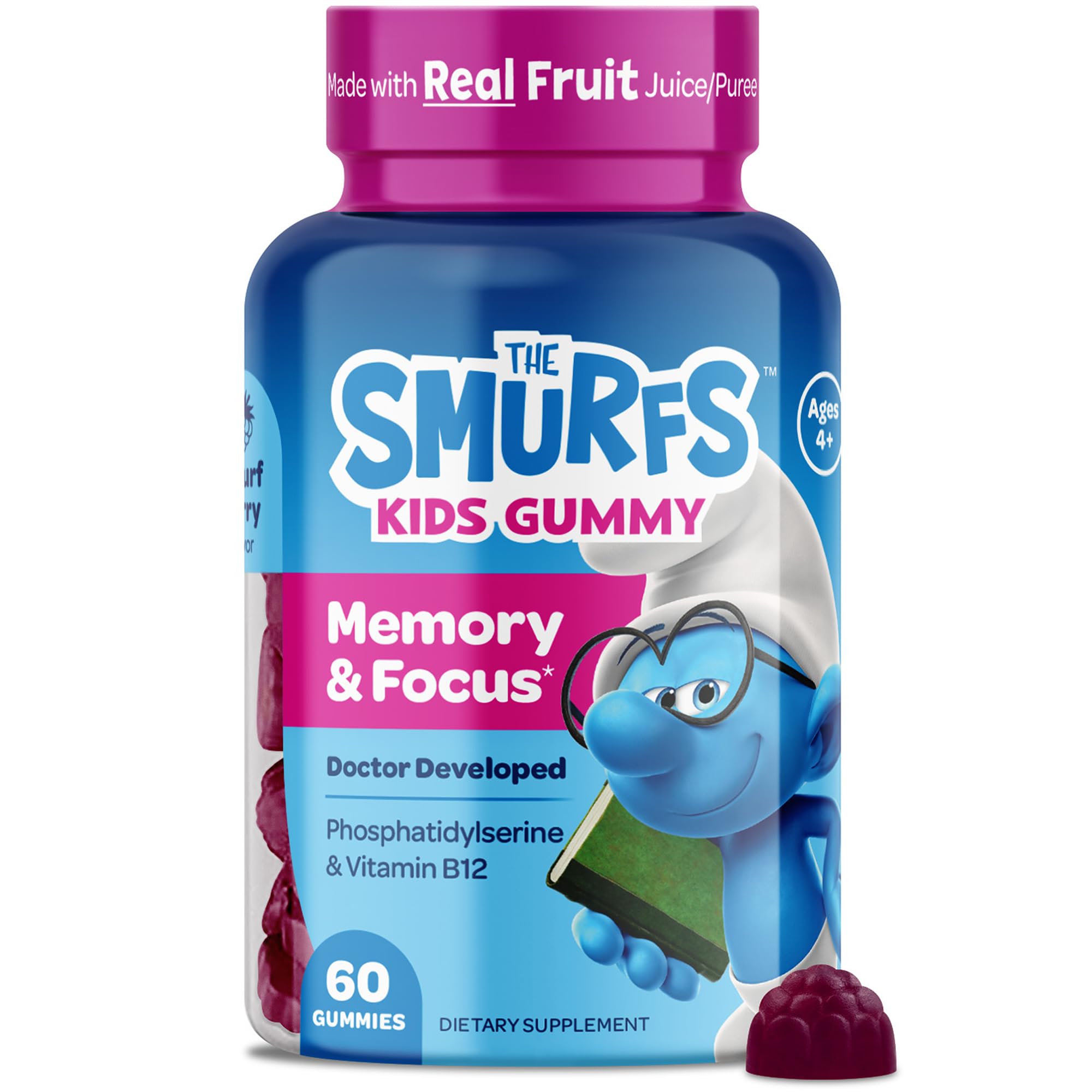 The Smurfs Nootropic Gummies for Kids with Vitamin B12 & L-Theanine | Laser Focus Gummy for Focus and Memory Supplements | Made with Real Fruit in a Smurf Berry | Doctor Developed | 60 Vegan Gummies VITABURST Au supplements