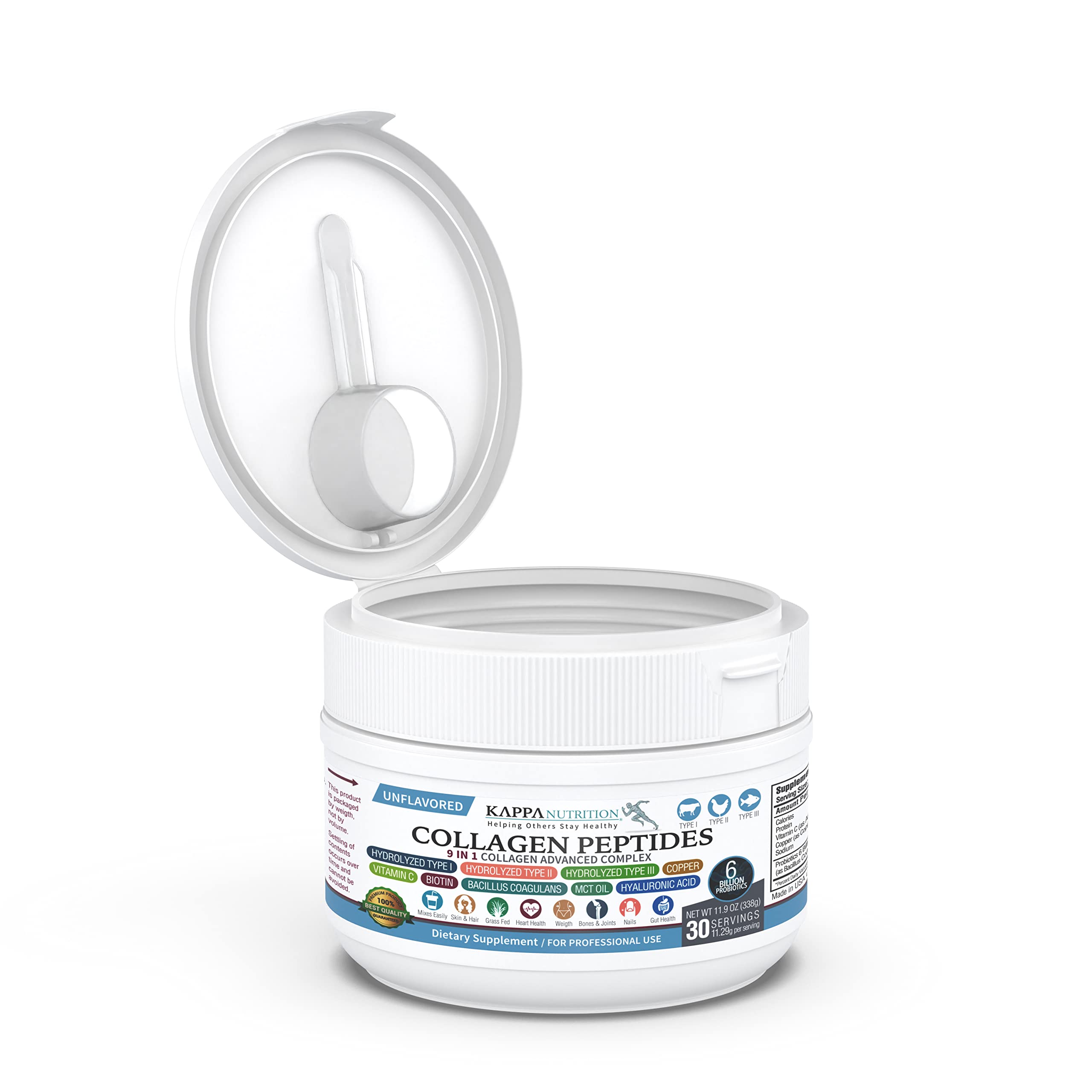 KAPPA NUTRITION Collagen Type I, II, III, 6 Billion Probiotic Acid Resistance, Hyaluronic Acid, Vitamin C, Biotin, Copper and MCT Oil, Beautiful Hair, Nails, & Skin, Collagen Peptides 9 in 1 (11.9oz) KAPPA NUTRITION Au supplements