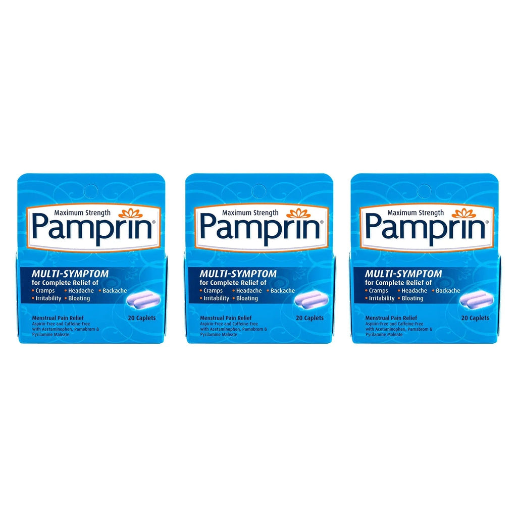 Pamprin Multi-Symptom Formula, with Acetaminophen, Menstrual Period Symptoms Relief, 20 Caplets (Pack of 3) Pamprin Au supplements