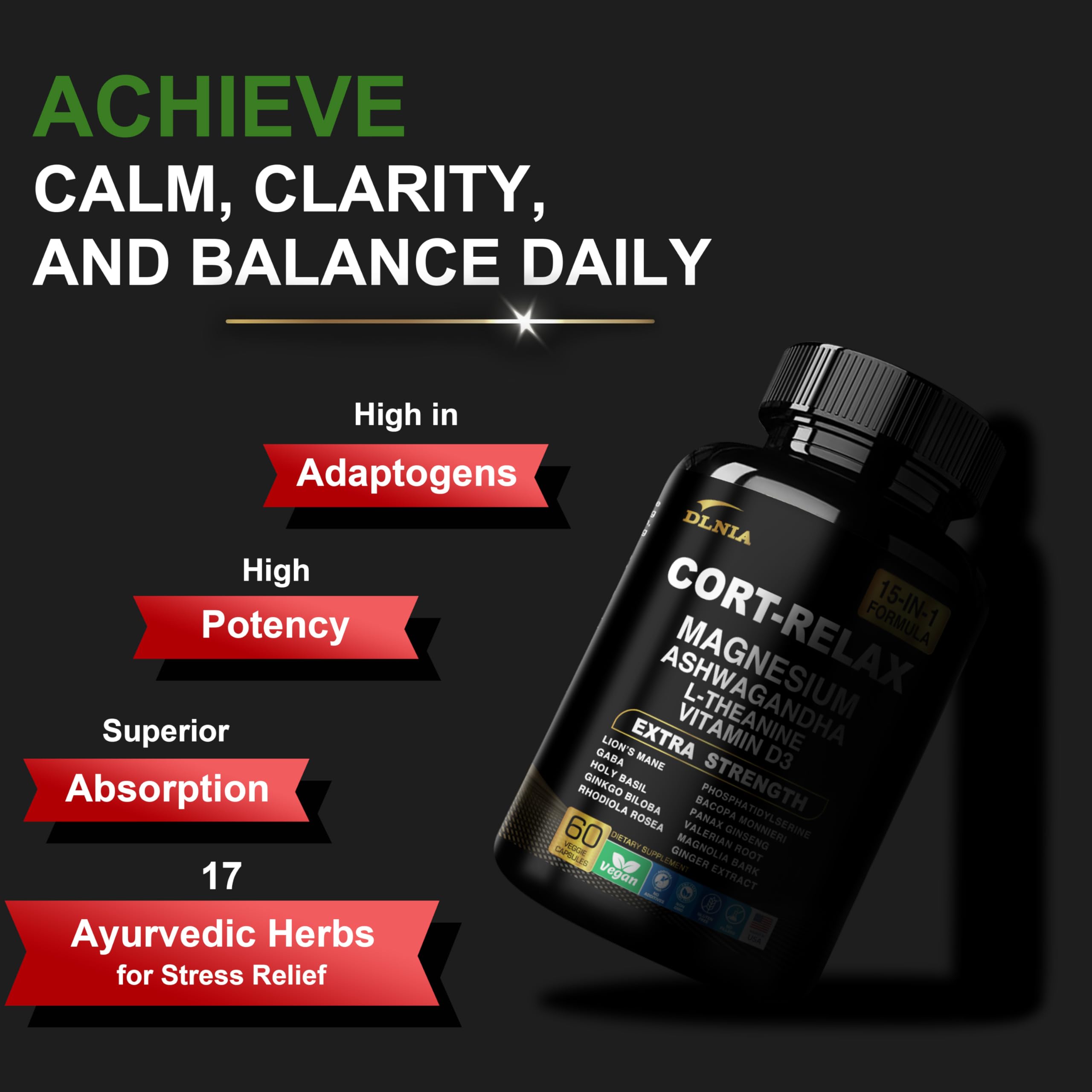 DLNIA Super Calm Cortisol Supplement with Magnesium Glycinate, Ashwagandha KSM-66, L-Theanine, Phosphatidylserine, Ginkgo Biloba & Lions Mane for Calm, Focus, Mental Clarity, Relaxation, Sleep, Energy DLNIA Au supplements