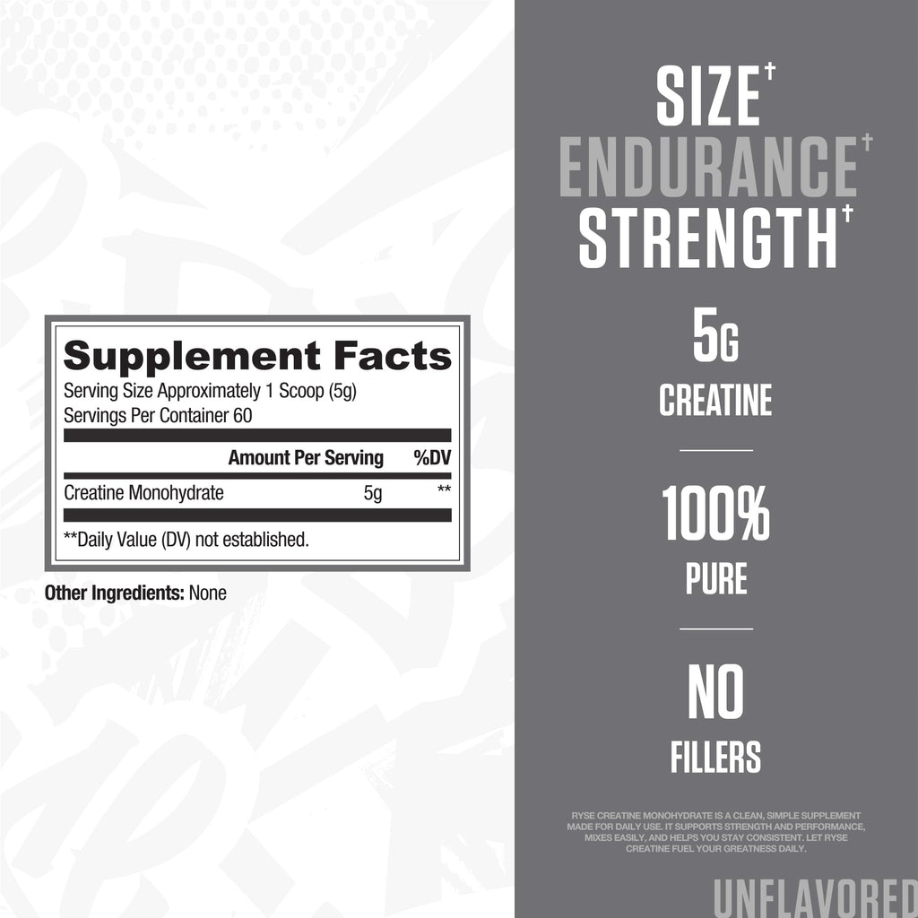 RYSE Creatine Monohydrate Powder - Unflavored - Supports Men & Women Lean Muscle Growth, Strength, Power, and Endurance - Helps Reduce Fatigue
