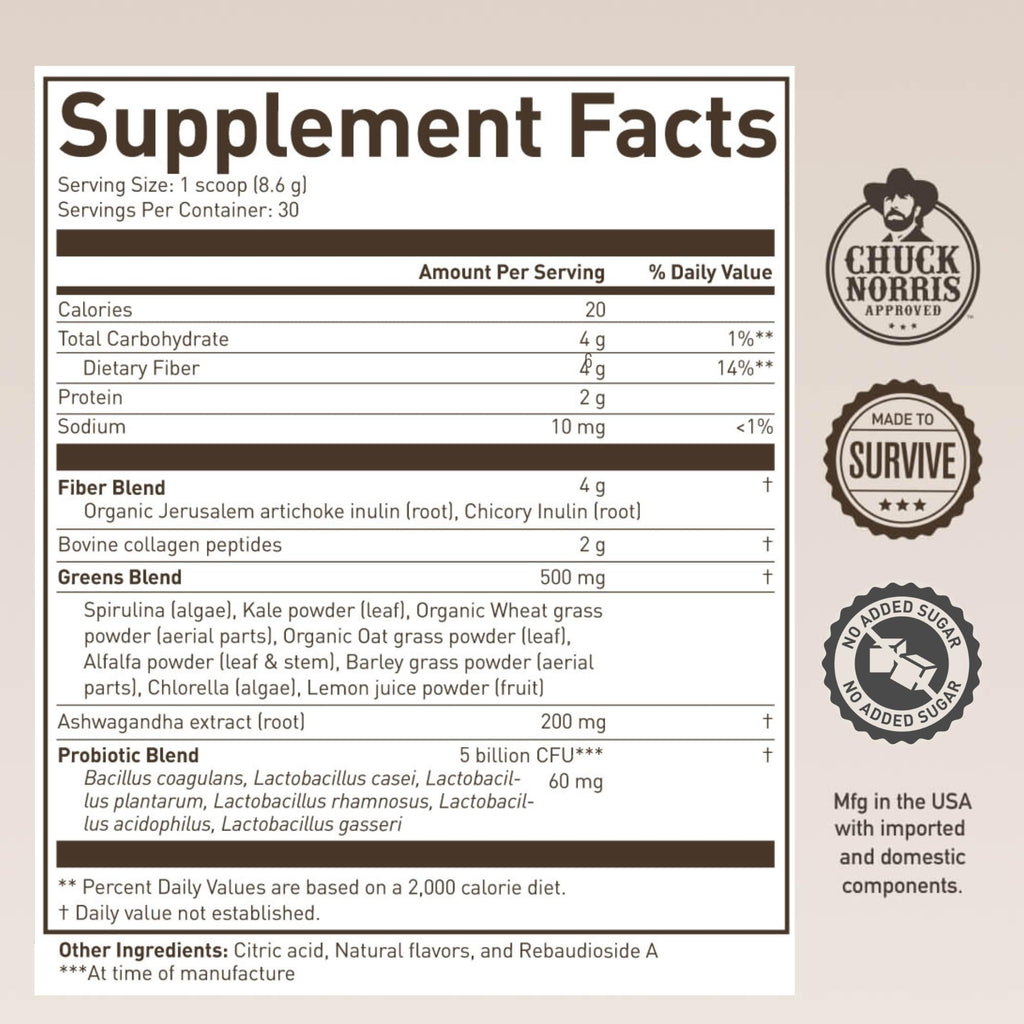 ROUNDHOUSE PROVISION Morning Kick, Zero Sugar Greens Superfood Powder Supplement with Ashwagandha, Collagen, Probiotics, Debloat Drink