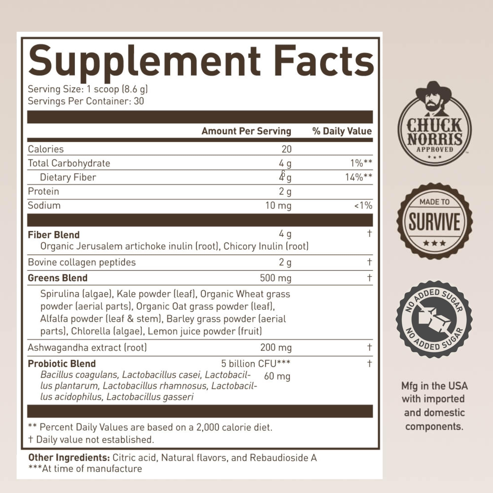 ROUNDHOUSE PROVISION Morning Kick, Zero Sugar Greens Superfood Powder Supplement with Ashwagandha, Collagen, Probiotics, Debloat Drink