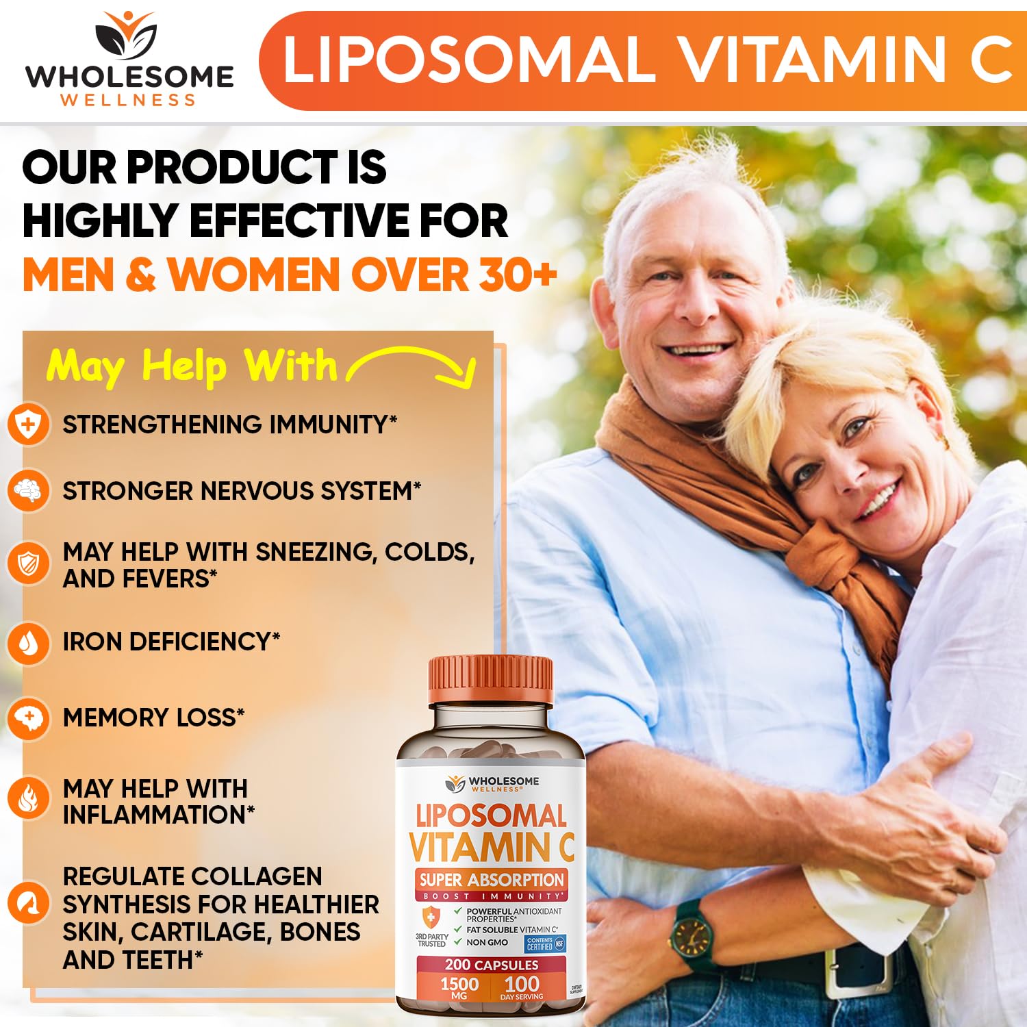 Wholesome Wellness Liposomal Vitamin C Capsules (200 Pills 1500mg Buffered) High Absorption, Immune System & Collagen Booster, High Dose Fat Soluble Immunity