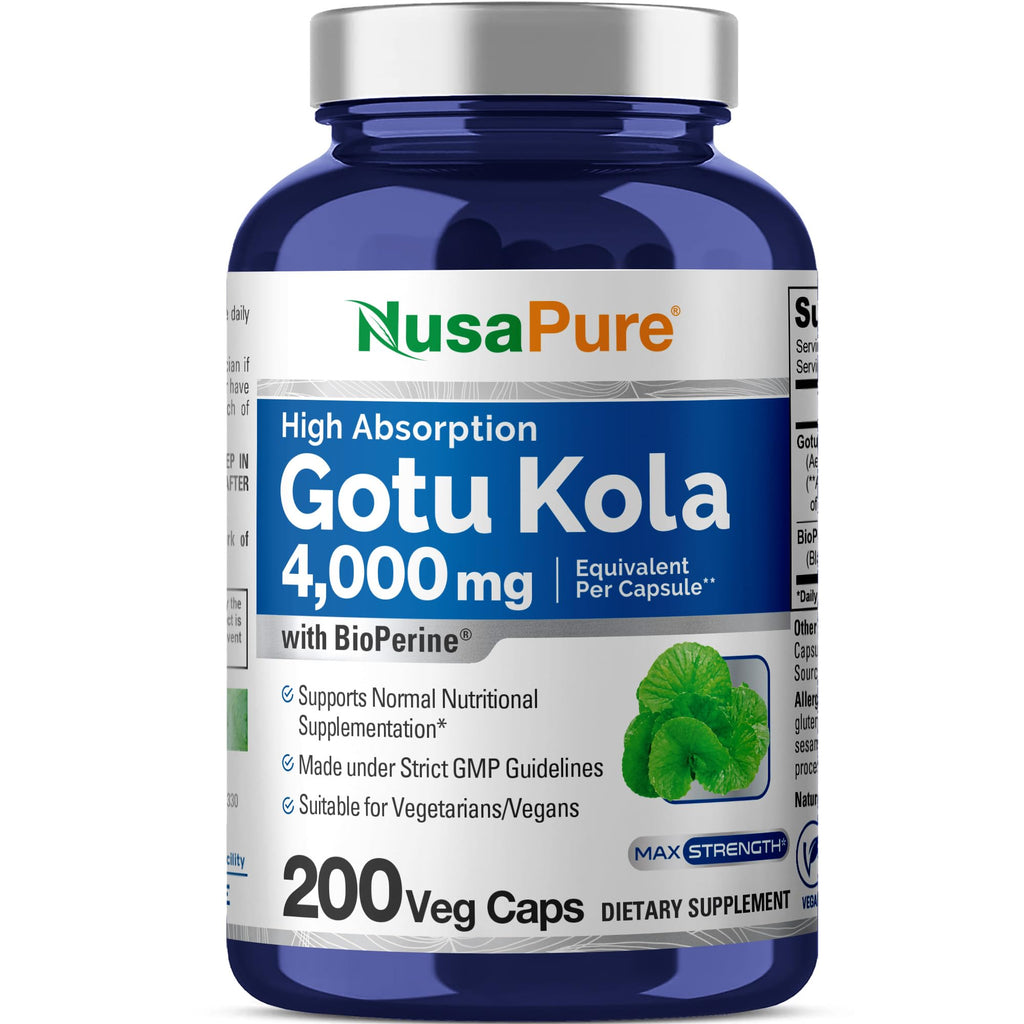 NusaPure Gotu Kola Capsules 20:1 Extract, 200 mg Equivalent to 4000mg Per Veggie Caps, 200 Count, Non-GMO, Vegan, Bioperine - Traditional Herb Extract NusaPure Au supplements