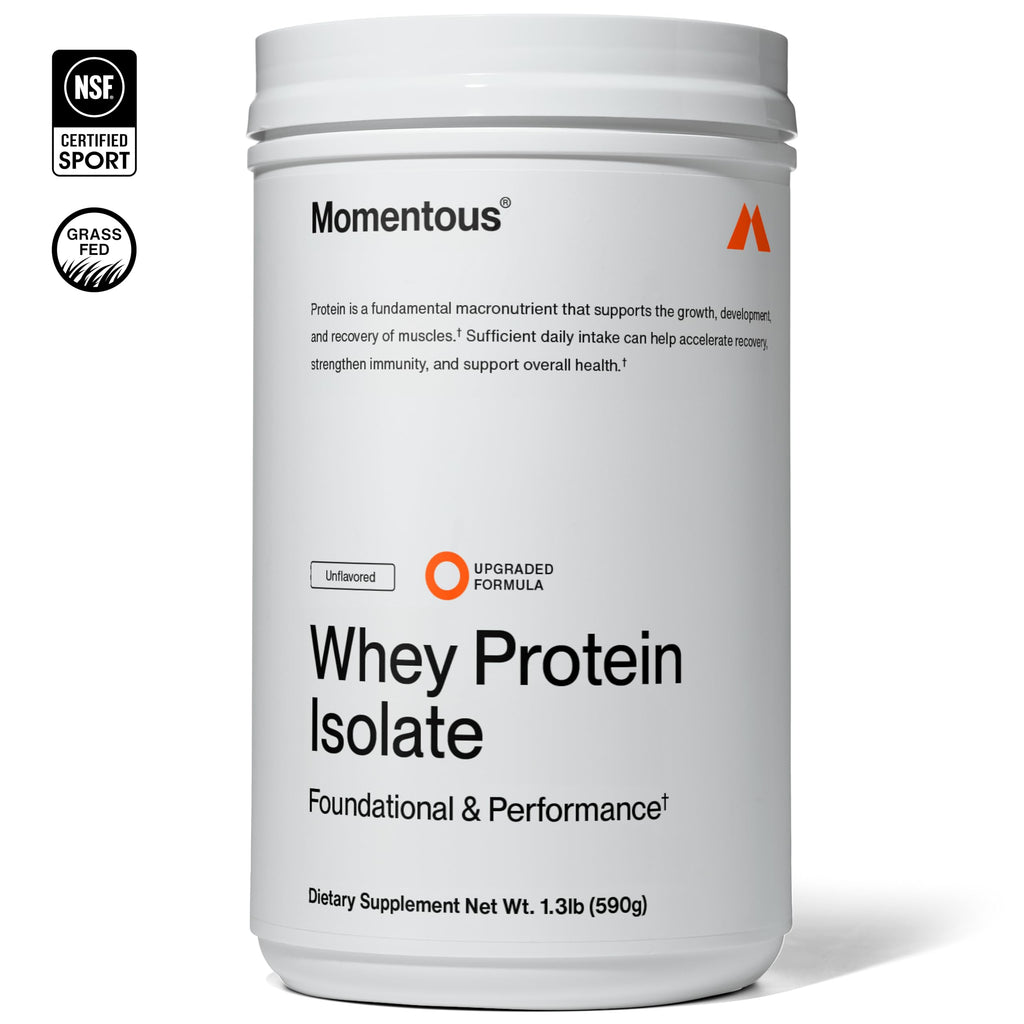 Momentous Essential Grass-Fed Whey Protein Powder - 20 g Whey Isolate Protein - NSF Certified for Sport - Gluten-Free - 25 Servings for Essential Everyday Use - Unflavored - Package May Vary