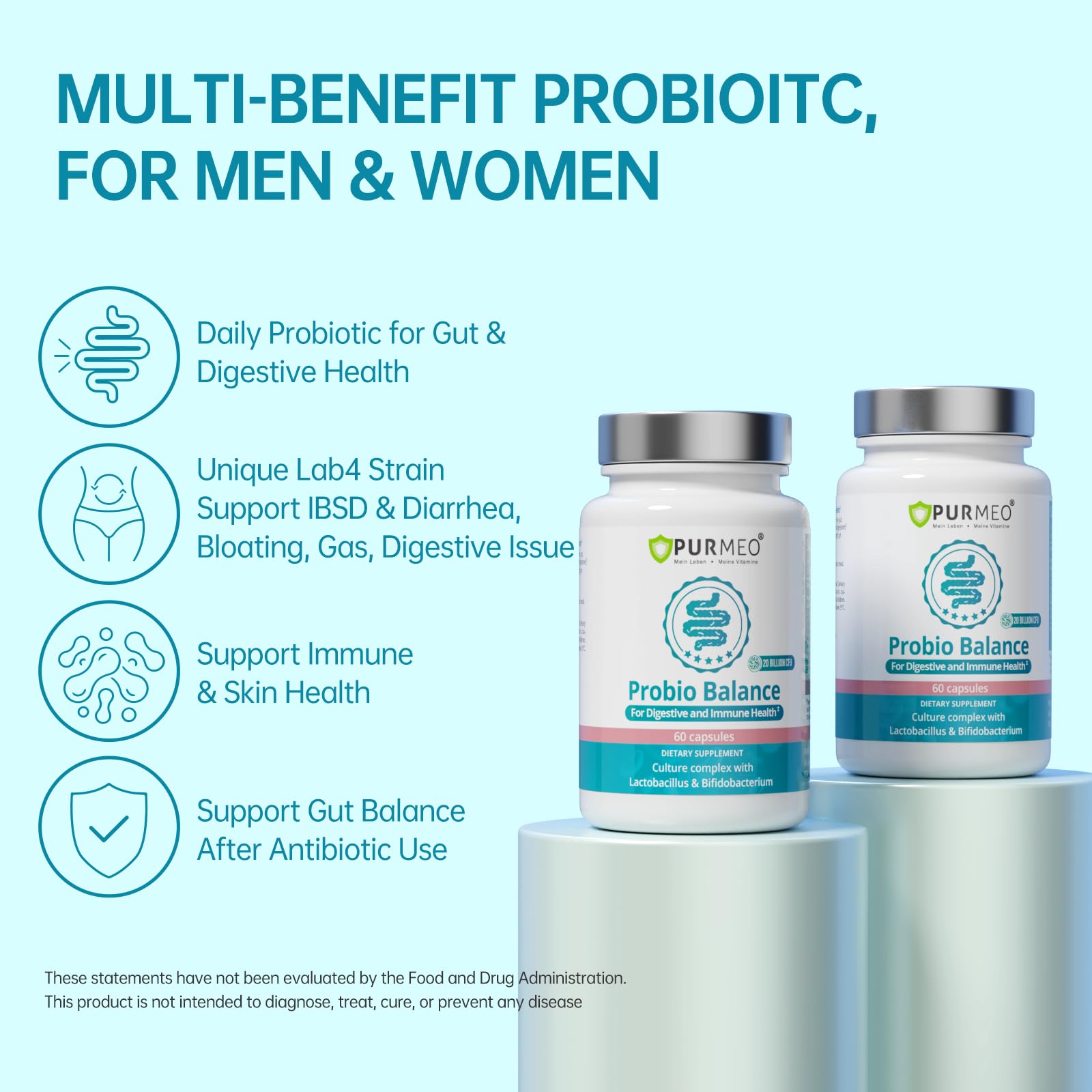 purmeo Probiotics for IBS Anti Diarrhea, Gas, Bloating - Support Immune, Digestive & Gut Health - Clinical Proven Lab4 Strains IBS-D Supplement 20 Billion CFU,