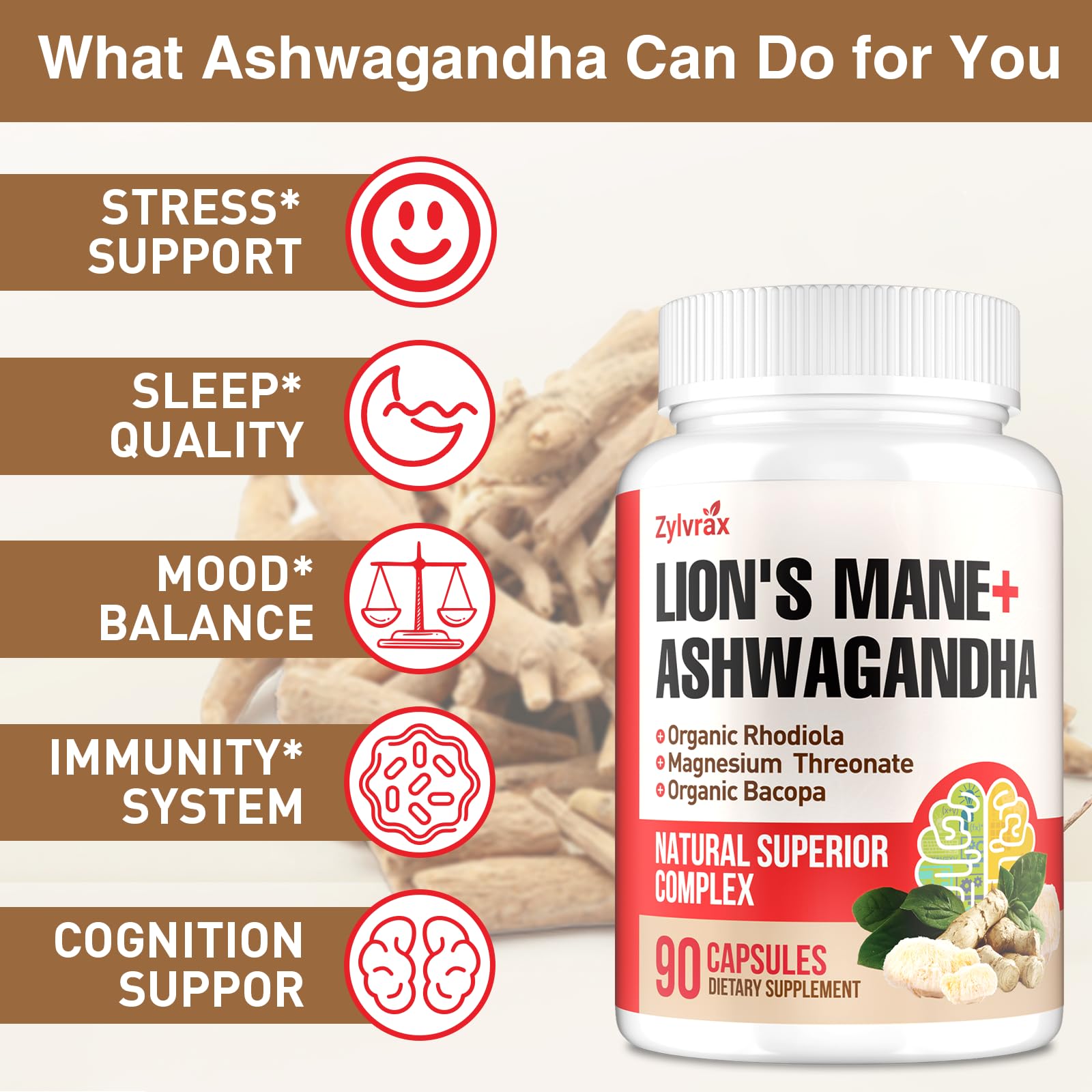 Ashwagandha & Lions Mane Supplements Capsules, Brain Supplements for Memory and Focus, Ashwagandha with Rhodiola Rosea for Cognitive, Immune Support, Cortisol Supplements for Women, 90 Capsules Zylvrax Au supplements