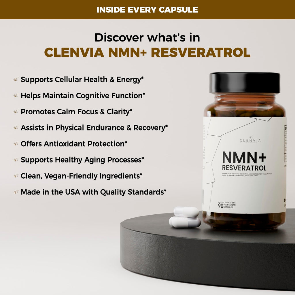CLENVIA Premium NMN Supplement with Resveratrol – High Potency NAD+ Support Formula – >99.7% Purity – Third-Party Tested – Made in USA – 500mg Nicotinamide + 100mg Resveratrol – 90 Capsules CLENVIA Au supplements