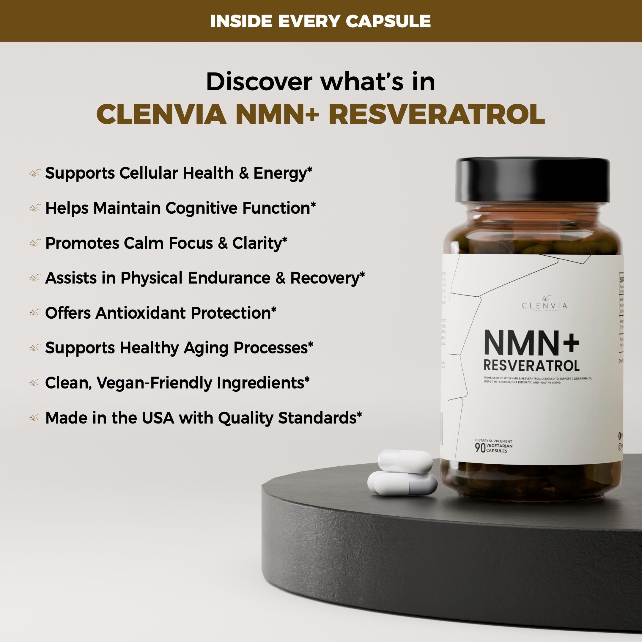CLENVIA Premium NMN Supplement with Resveratrol – High Potency NAD+ Support Formula – >99.7% Purity – Third-Party Tested – Made in USA – 500mg Nicotinamide + 100mg Resveratrol – 90 Capsules CLENVIA Au supplements