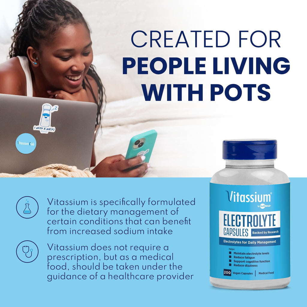 Vitassium Electrolyte Capsules, Electrolytes for The Management of POTS and High Sodium Diets (500mg Sodium - 100mg Potassium)