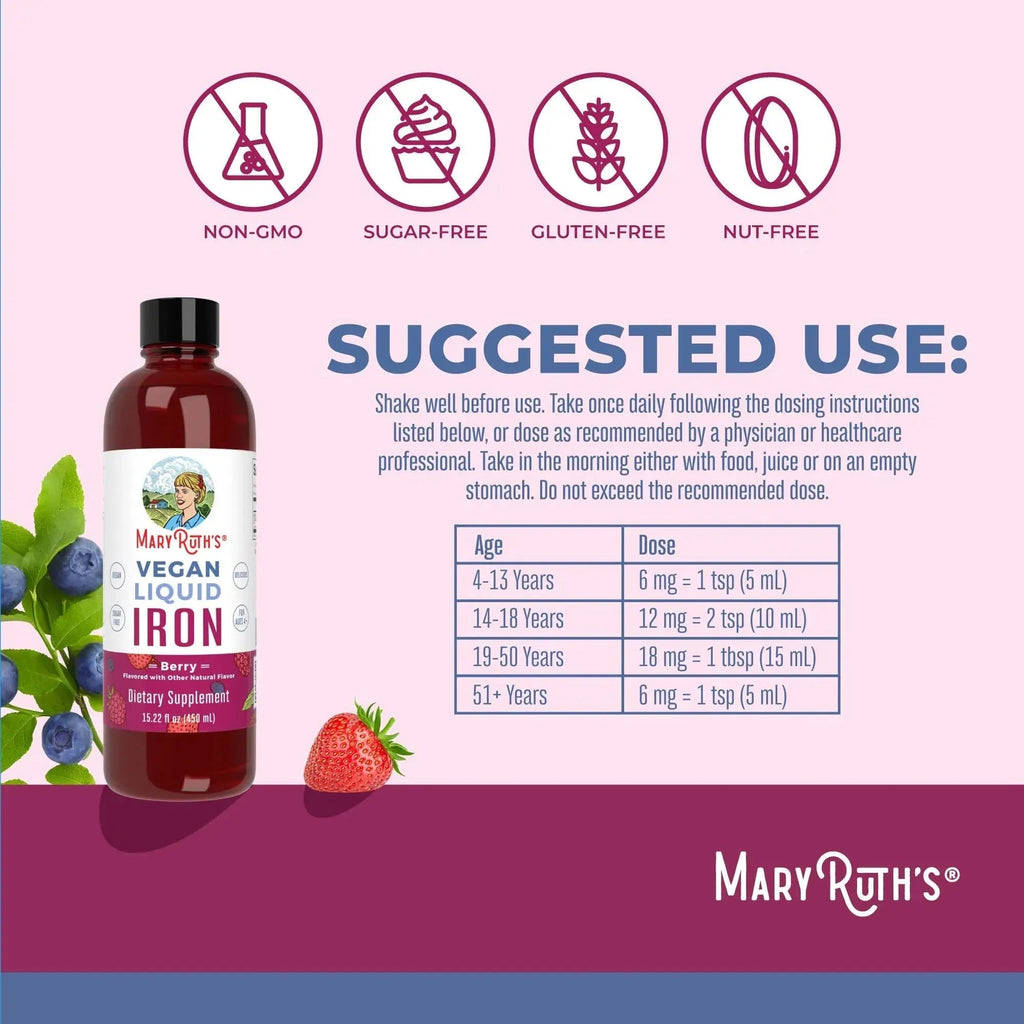 MaryRuth's MaryRuth's Liquid Morning Multivitamin +Hair Growth (Peach Mango, 30oz) & Iron Liquid (Berry) | Clean Label Project Verified® | MARYRUTH'S Au supplements