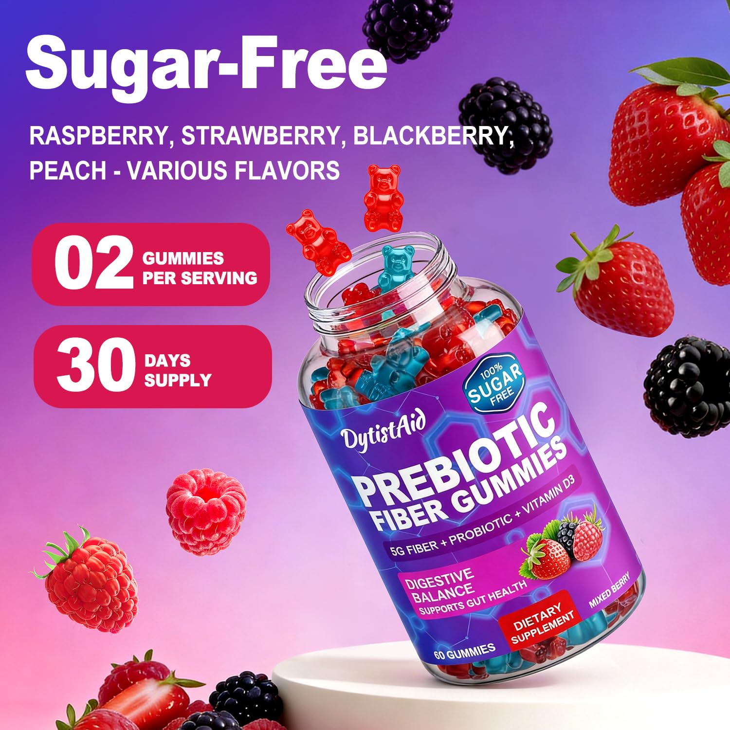 Prebiotic Fiber Gummies, 5g Fiber per Serving, 2 Billion CFU Bacillus Coagulans + Vitamin D3, Sugar Free Pectin Mixed Berry Gummies, Inulin (FOS) + Acacia