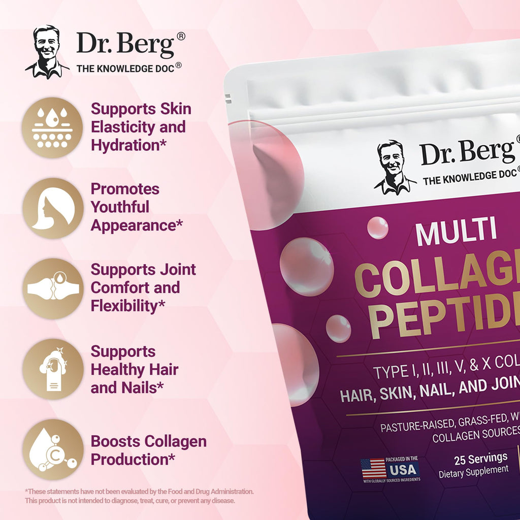 Dr. Berg Multi Collagen Peptides Powder Types I, II, III, V, X - Unflavored Collagen Powder w/ 14 g of Protein - Grass-Fed