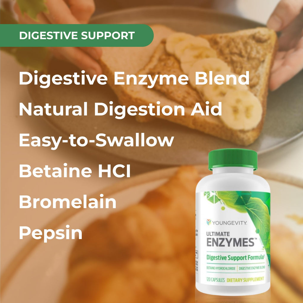 Youngevity Ultimate Enzymes® - Multi Enzymes for Digestion, Gas & Bloating Relief - Betaine HCl, Ox Bile, Pancreatine 10X, Papain 6M, Pepsin 1:3000 (120 Capsules)