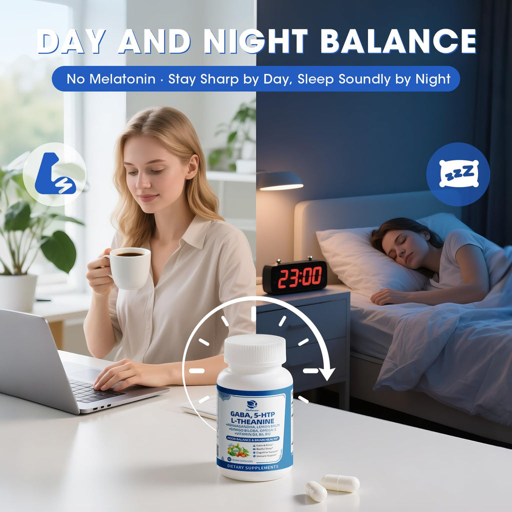 GABA Supplements 750mg with L Theanine, 5HTP, Ashwagandha, Lemon Balm, Ginkgo Biloba, Omega-3, 10 in 1 GABA Calm Capsules for Sleep, Relaxation, Focus, Mood Support, Cortisol Balance - 90CT Lukaree Au supplements