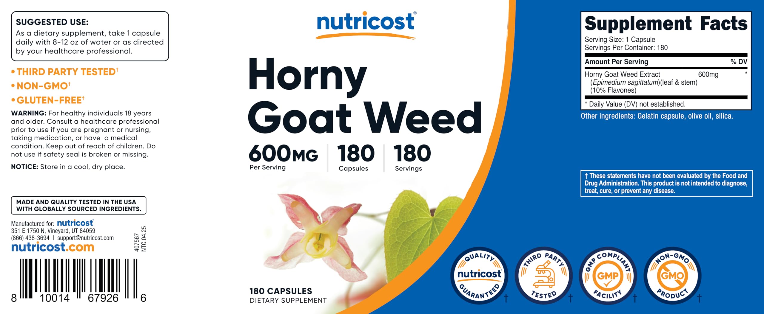 Nutricost Horny Goat Weed Extract (Epimedium) - 180 Capsules, 180 Servings, 600mg Per Capsule