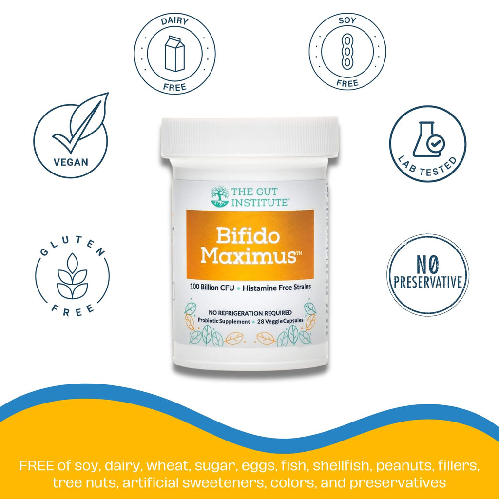 The Gut Institute Bifido Maximus Ultra High Potency Probiotics for Women and Men - Bifidobacterium longum 100 Billion CFUs - 28 ct - 7 Strains - No Histamines - No Refrigeration Needed - Made in USA The Gut Institute Au supplements
