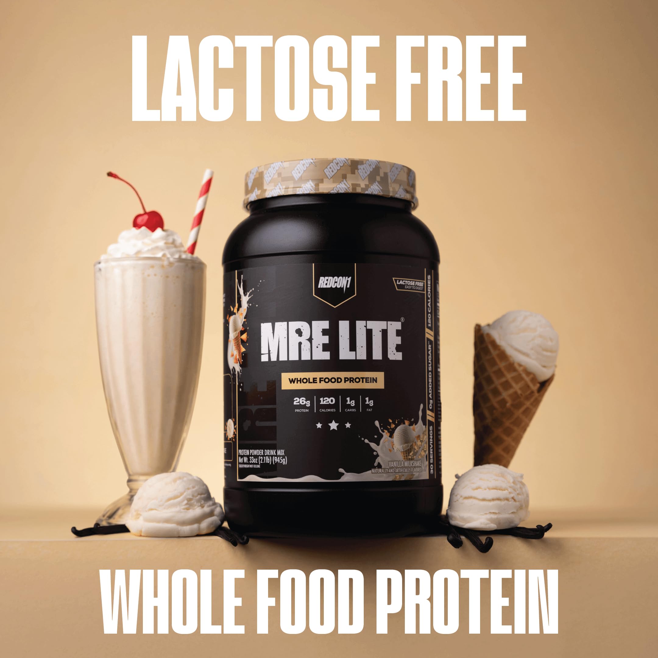 REDCON1 MRE LITE Whole Food Protein Powder, Vanilla Milkshake - Lactose Free & Sugar Free Meal Replacement with Animal Protein Blends - Easy to Digest Formula - Only 1g Carb per Serving (30 Servings)