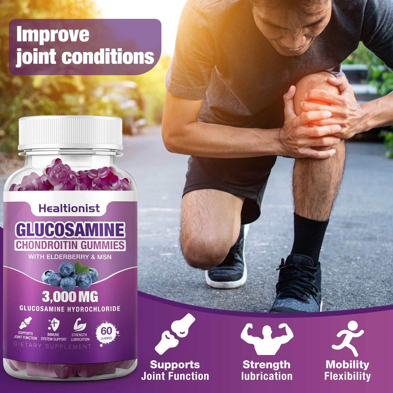 Healtionist 2 Packs 3000mg Glucosamine Chondroitin Gummies with MSM & Elderberry
