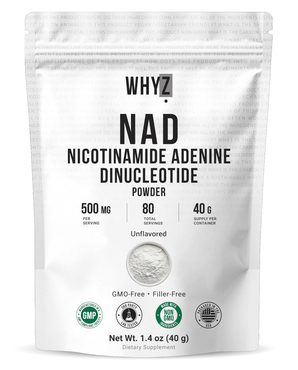 Pure NAD Powder Nicotinamide Adenine Dinucleotide Supplement Unflavored and Gluten-Free Premium Pure NAD Powder for Daily Wellness and Nutrition Support, 40g WHYZ Au supplements