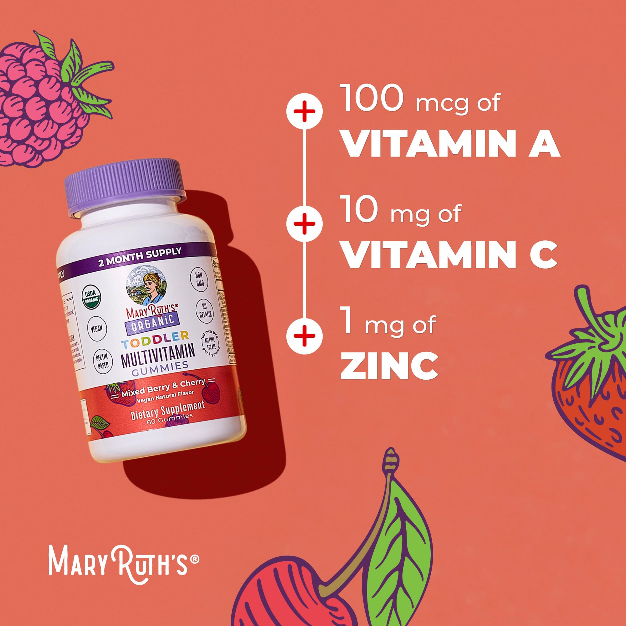 MARYRUTH'S Organic Toddler Multivitamin Gummies | Ages 4+ | Vitamin A, C, D, E, B6, B12, Biotin, Iodine, Zinc | Immunity | Bone & Teeth Health