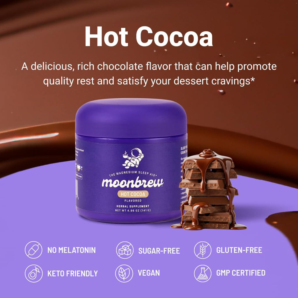 MoonBrew Nighttime Magnesium Hot Cocoa Jar, Natural Sleep Aid Drink Mix for Adults - Calming Melatonin-Free Sleep Support - Sleepy Hot Chocolate Powder with L-Theanine,