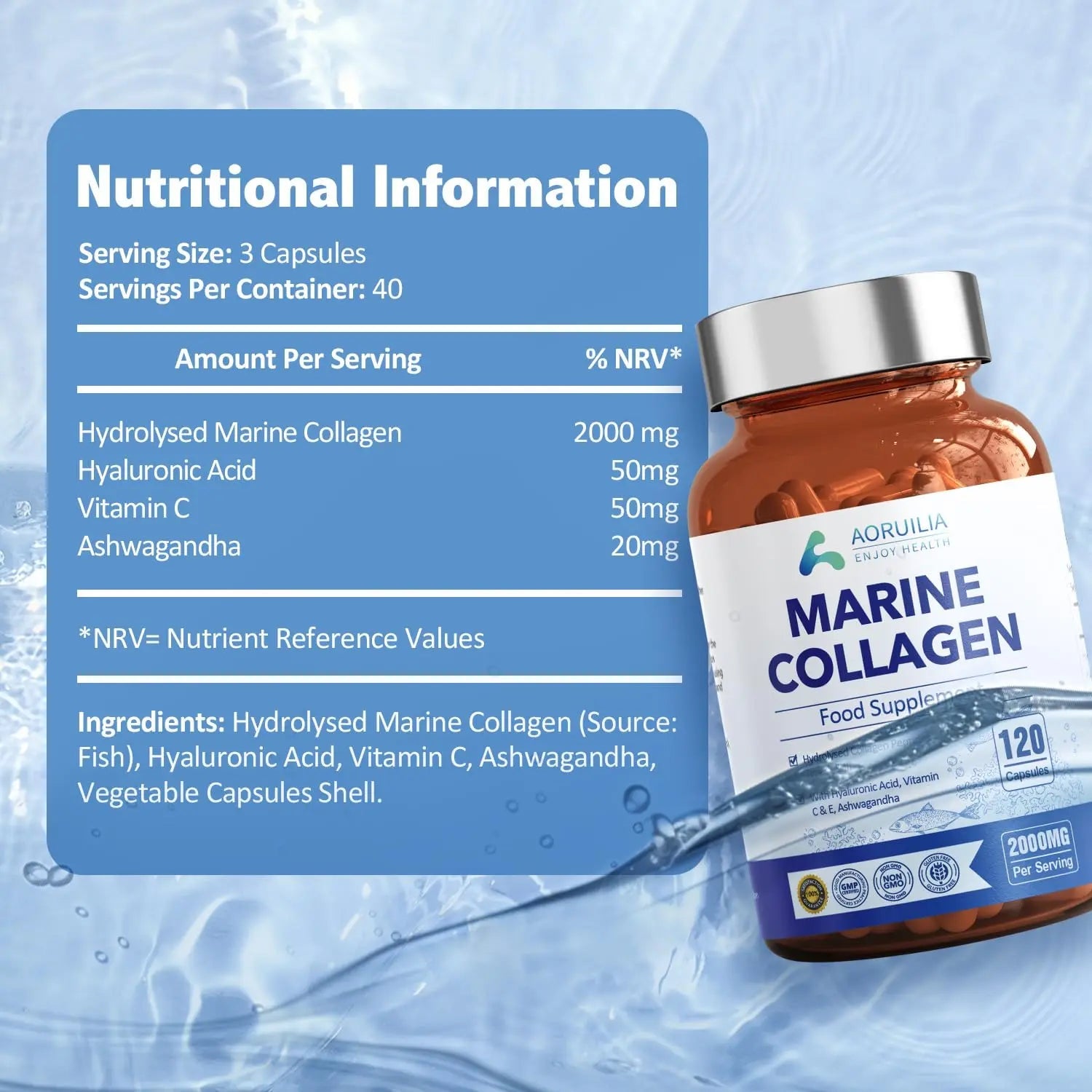 Marine Collagen Supplements for Women Men 2000mg 120 Capsules Hyaluronic Acid, Vitamin C, Vitamin E, & Ashwagandha Aoruilia Au supplements