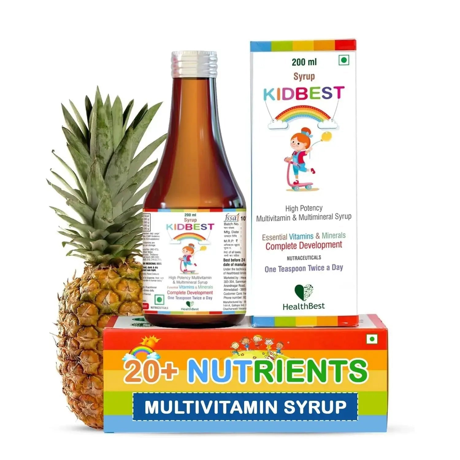 Kidbest Multivitamin Syrup for Kids 3-13 Years – Liquid Formula with 20 Nutrients for Appetite, Immunity, and Growth – Tasty Daily Vitamins HealthBest Au supplements