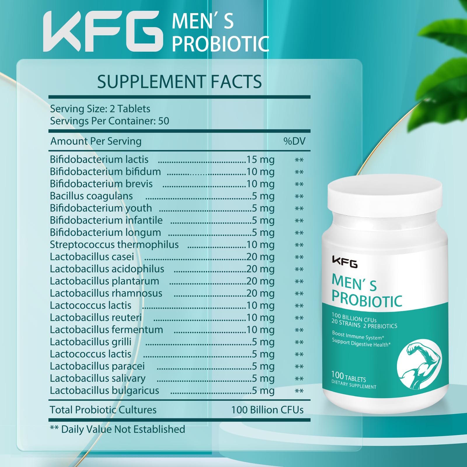KFG Probiotic Supplement 100 Billion CFU, 20 Strains, 2 Prebiotics and Digestive Enzymes, Supports Digestion, Immune Support, Gut Health and Metabolism, Non-GMO,