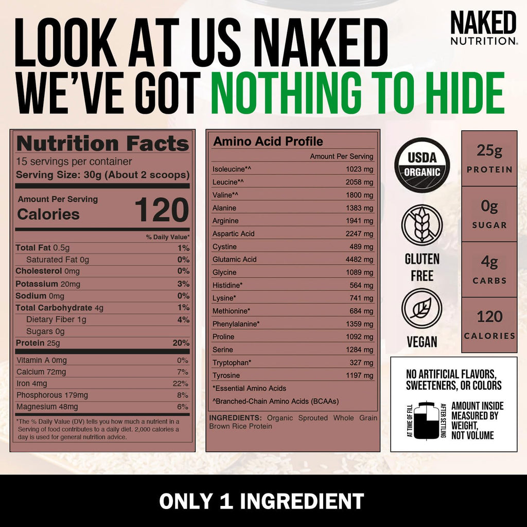 NAKED Rice 1Lb - Organic Brown Rice Protein Powder - Vegan Protein Powder, GMO Free, Gluten Free & Soy Free. Plant-Based Protein,