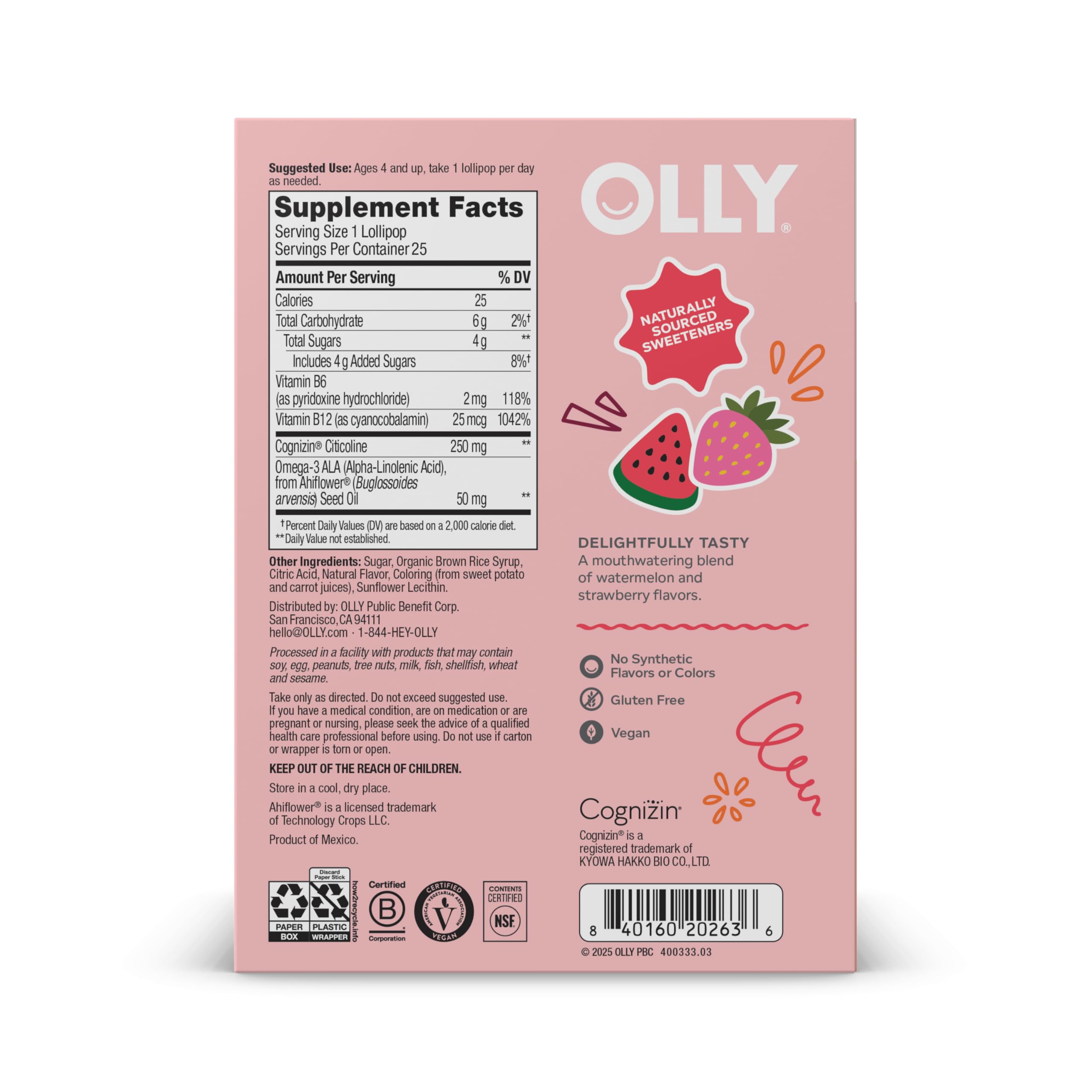 OLLY Focus Buddies L’OLLY Pops, Cognizin, Vitamins B6 and B12, Omega-3 ALA, Supports Focused Attention and Healthy Brain Function,* Kids 4+ Dietary Supplement, Watermelon Strawberry Flavored, 25 Count OLLY Au supplements