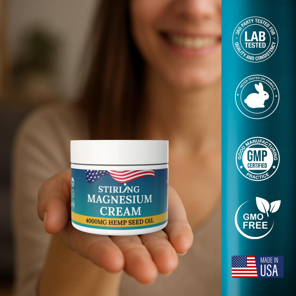 STIRLING Magnesium Cream - 4000mg Hemp Seed Oil + Magnesium & Arnica - Supports Joint Mobility, Muscle Comfort & Back Function - Made in USA with Premium Ingredients STIRLING Au supplements