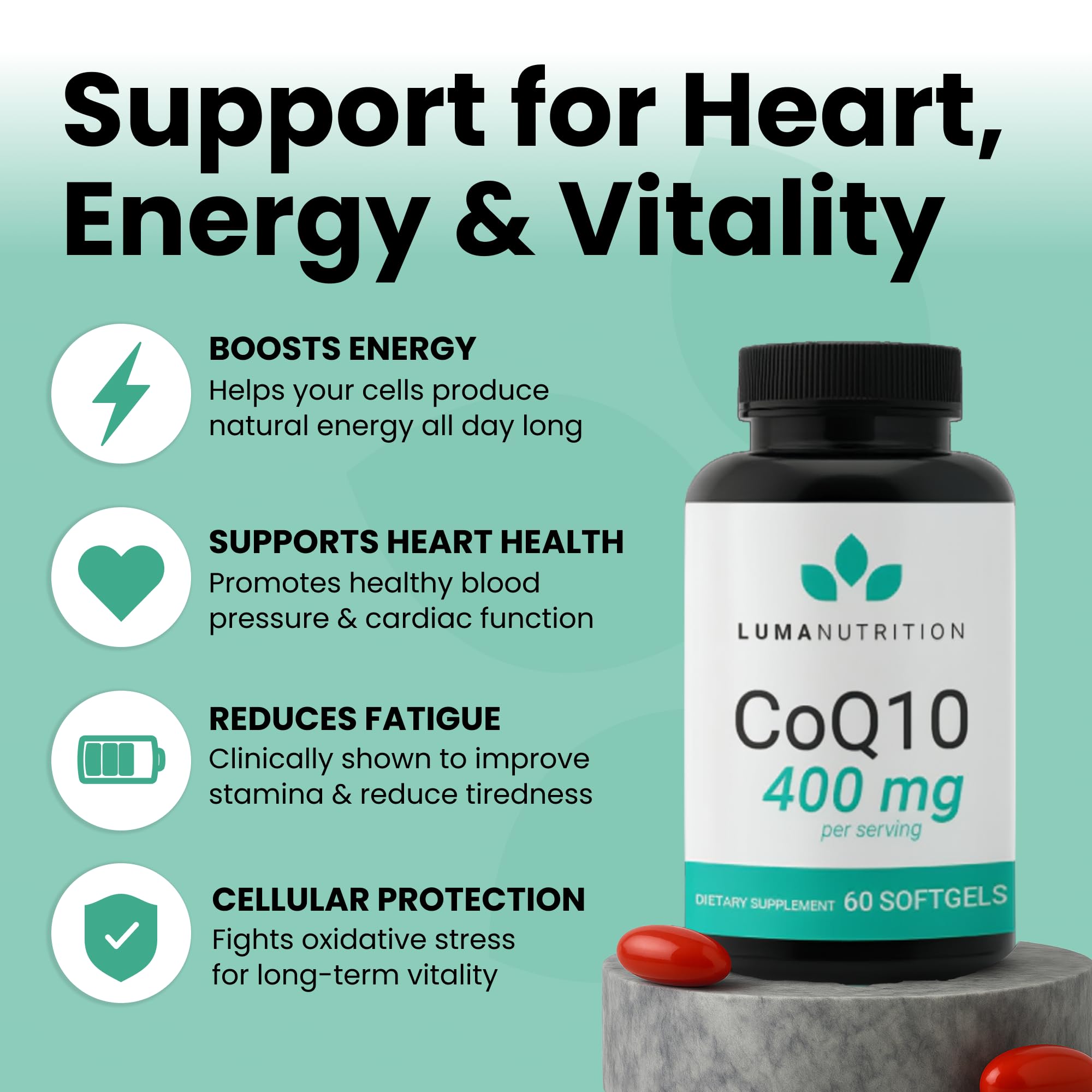 Luma Nutrition CoQ10 400mg Softgels - High-Absorption Coenzyme Q10 - Co Q-10 200mg / 400mg Per Serving - Heart Health - 60 Liquid Softgels