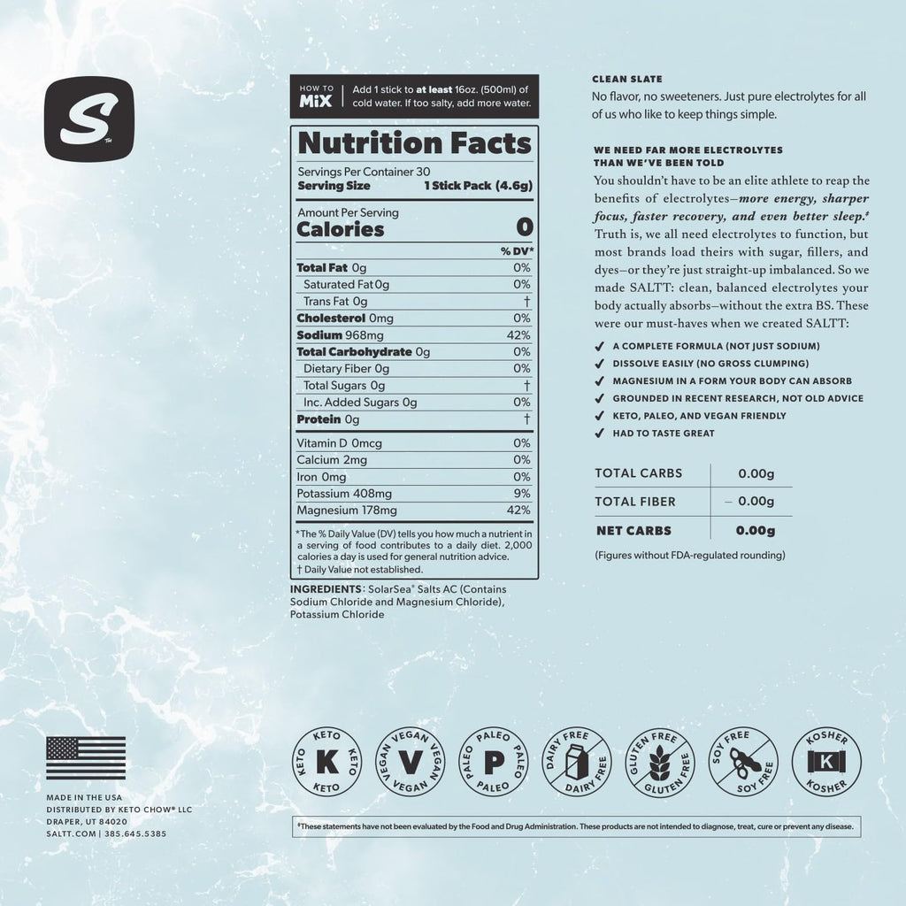 SALTT Electrolytes Powder Unflavored Drink Mix - Clean Slate - 30 Hydration Packets - Magnesium, Potassium, Sodium, Trace Minerals - Zero Sugar