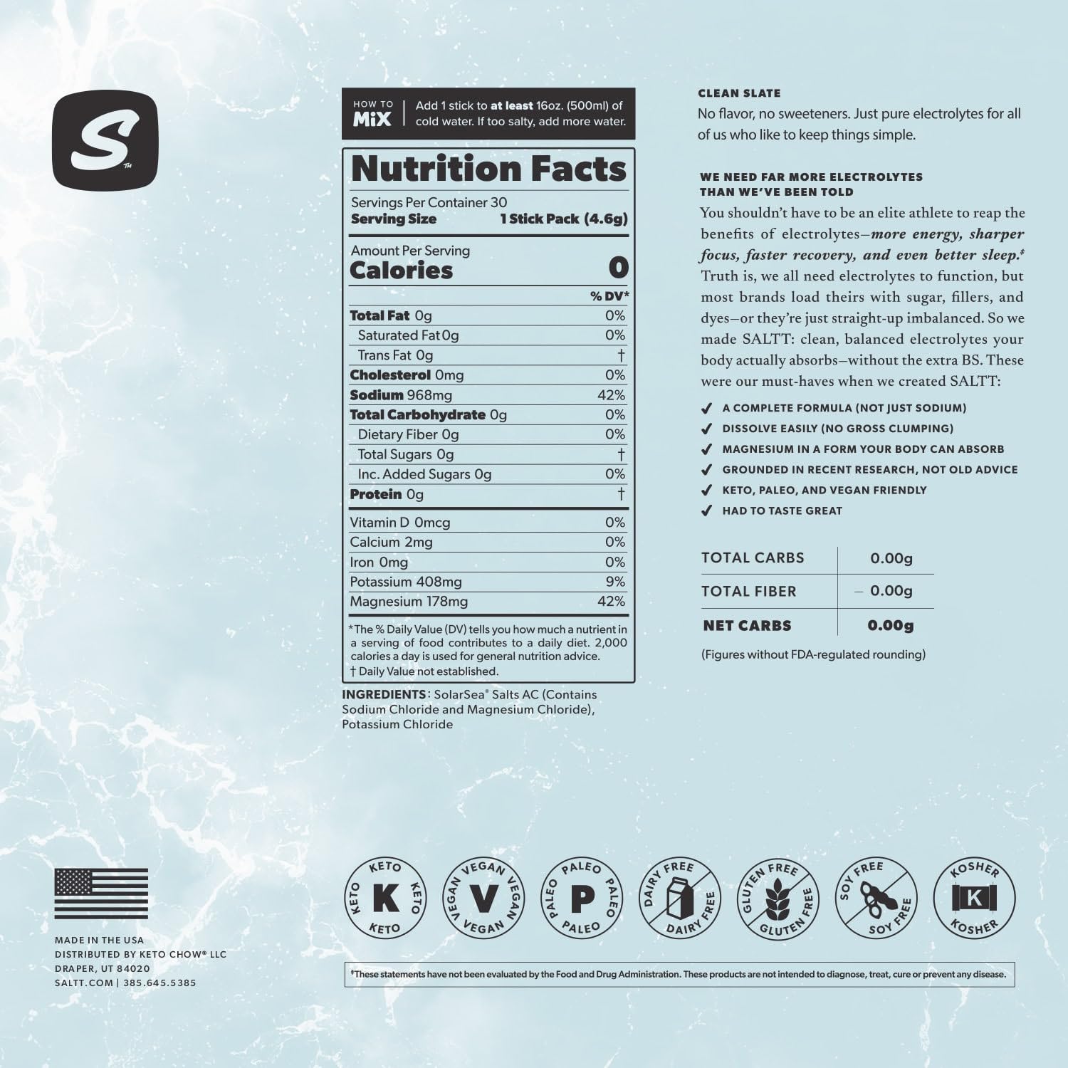 SALTT Electrolytes Powder Unflavored Drink Mix - Clean Slate - 30 Hydration Packets - Magnesium, Potassium, Sodium, Trace Minerals - Zero Sugar