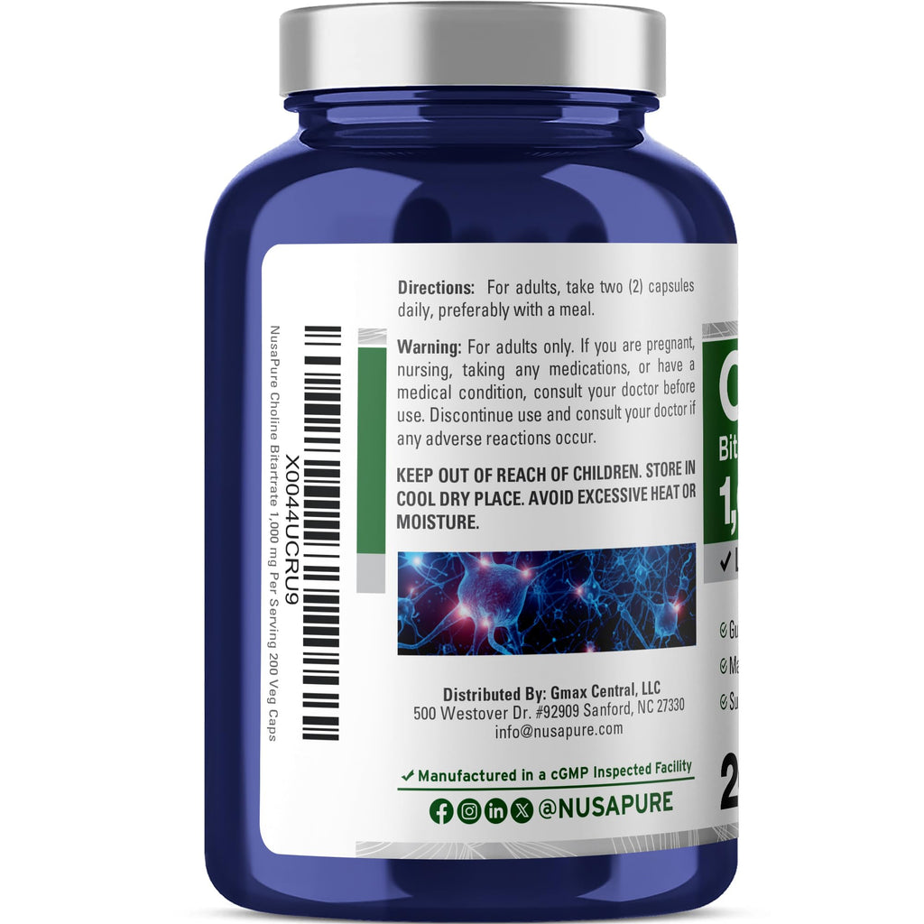 NusaPure Choline Bitartrate - Suitable for Vegetarian/Vegan, Non - GMO - 1000 mg 200 Capsules NusaPure Au supplements