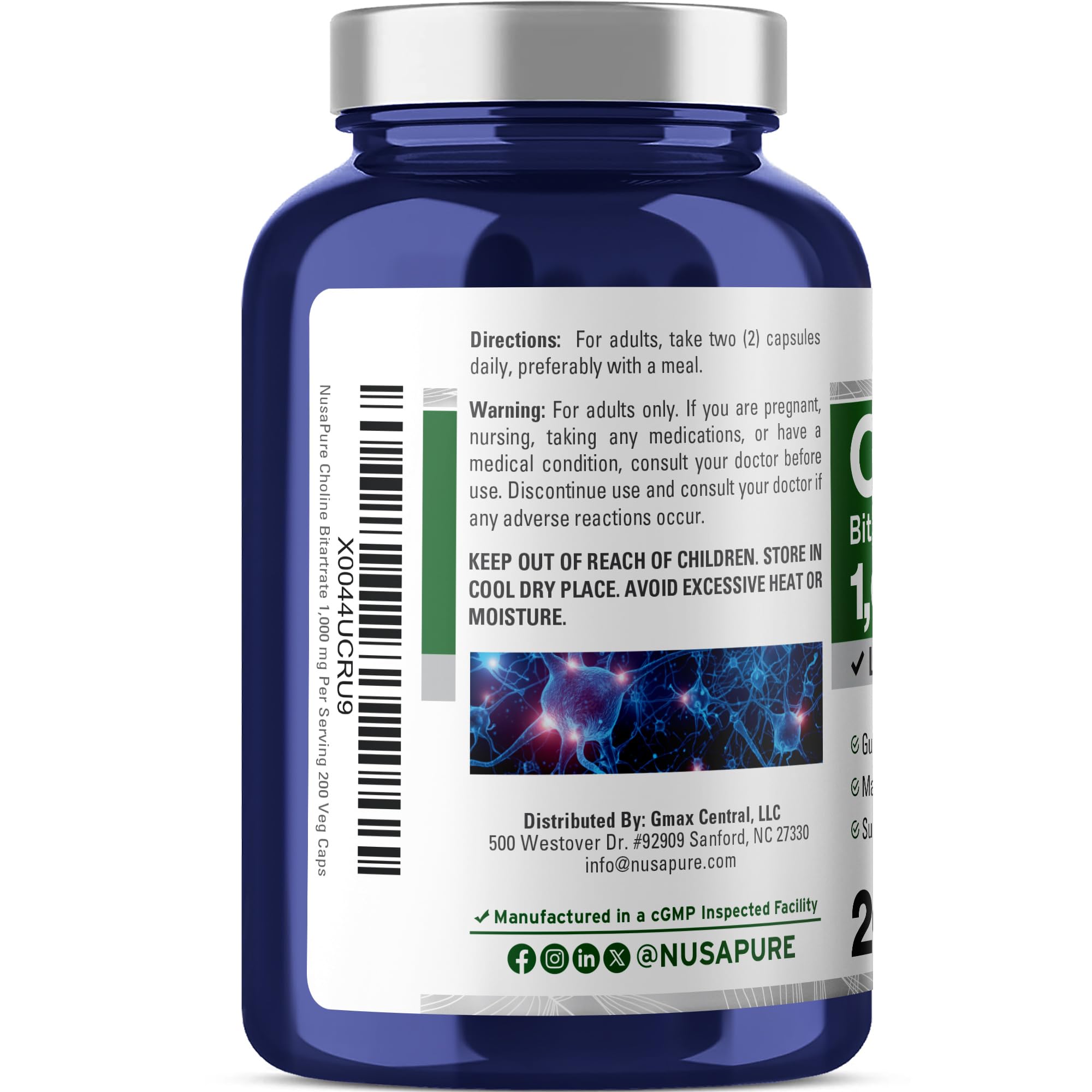 NusaPure Choline Bitartrate - Suitable for Vegetarian/Vegan, Non - GMO - 1000 mg 200 Capsules NusaPure Au supplements