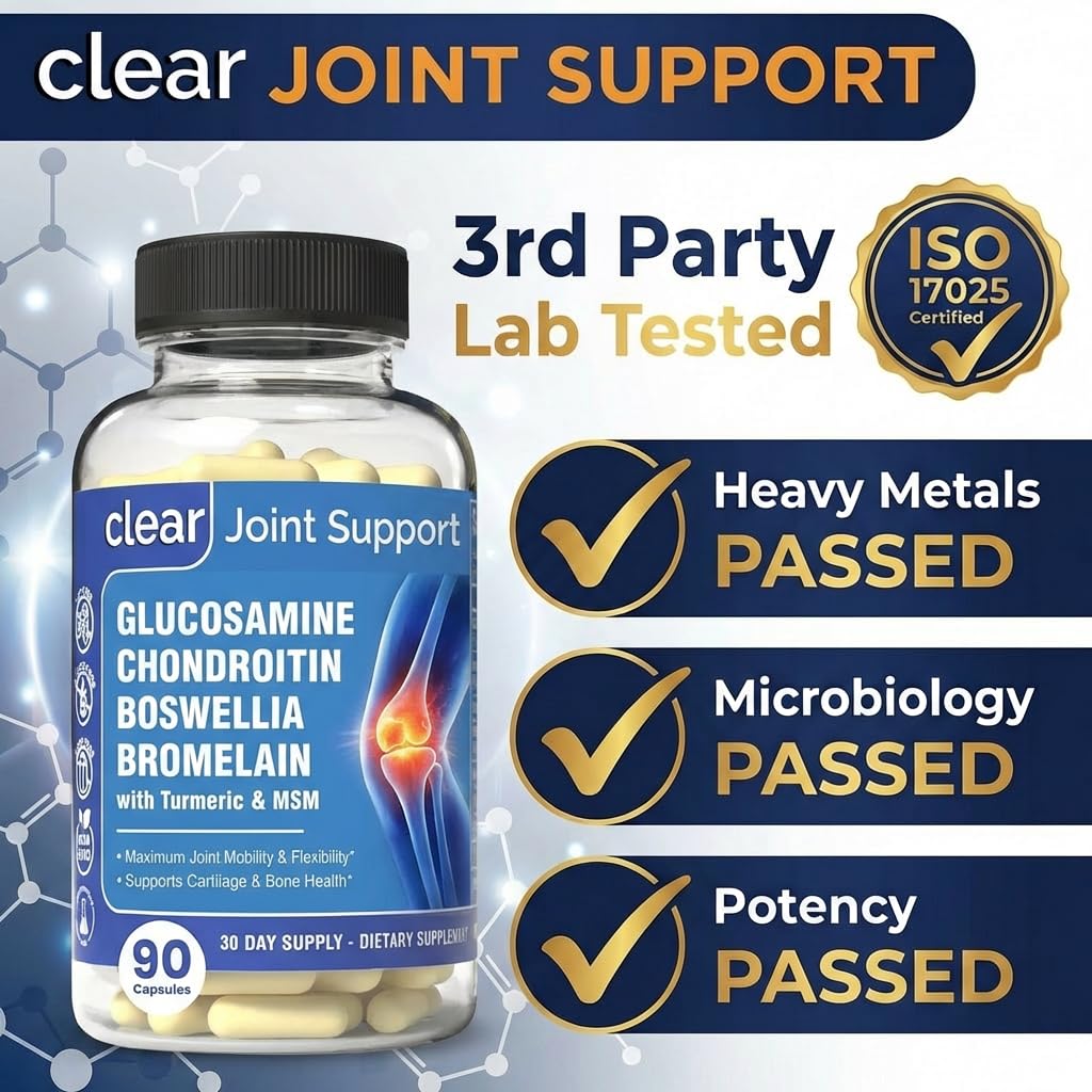 Clear Joint Support - 1500mg Glucosamine Chondroitin MSM - 8 in 1 Joint Health Supplement with Turmeric and Boswellia for Men & Women, Knee, Hip & Back Support, Made in USA, 90 Capsules Clear Probiotics Au supplements