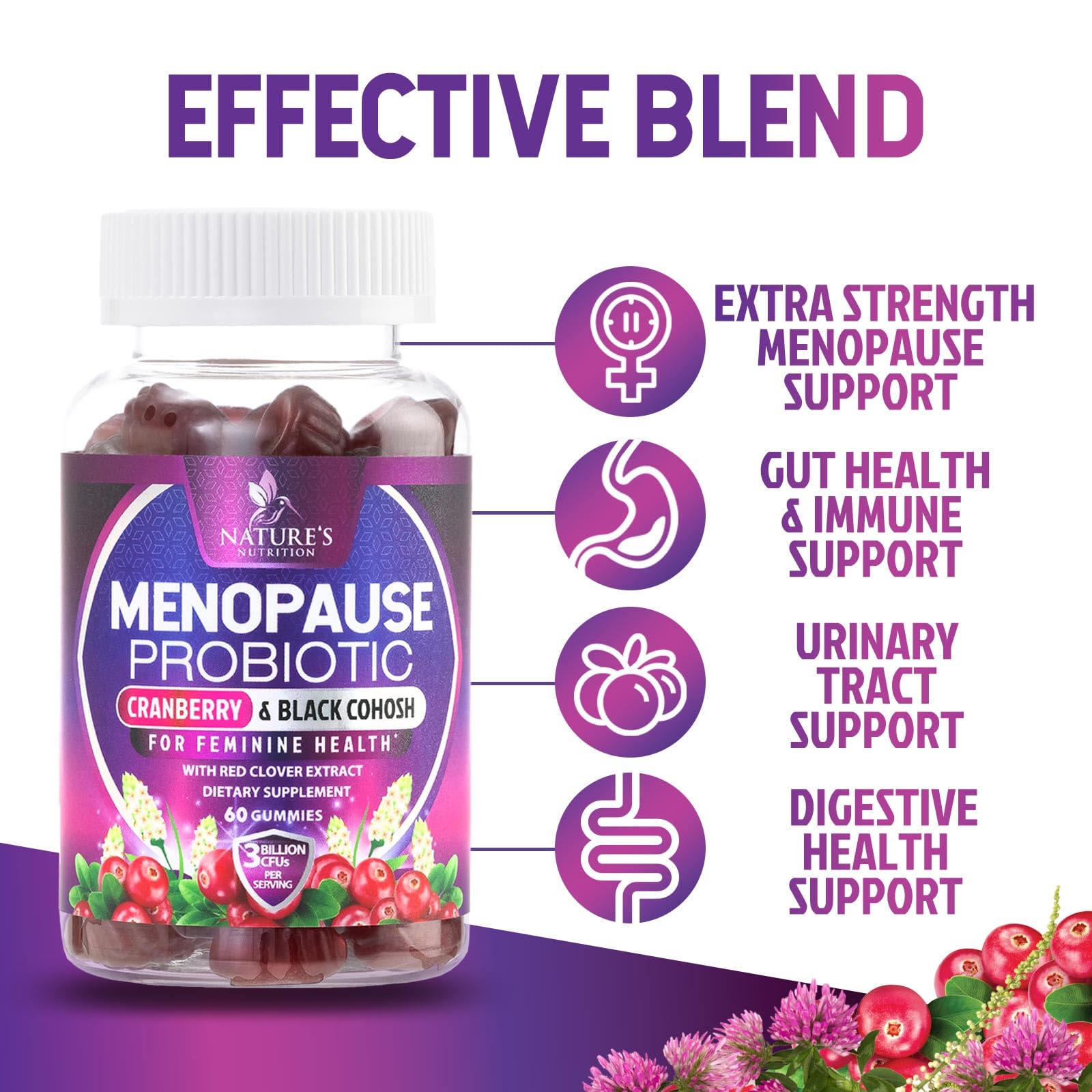 Menopause Supplement Gummies - 3 Billion CFU Women's Probiotics - Advanced Menopause Relief Formula for Women with Black Cohosh & Red Clover - Mild Hot Flashes & Night Sweats Support - 60 Gummies Nature's Nutrition Au supplements