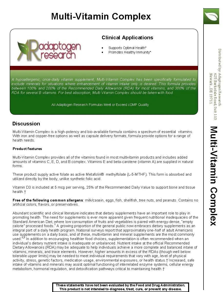 Multi-Vitamin Complex | Once Daily Multivitamin Supplement with Folate as Metafolin L-5-MTHF B12 as Methylcobalamin Vitamin A C D3 and more Adaptogen Research Au supplements